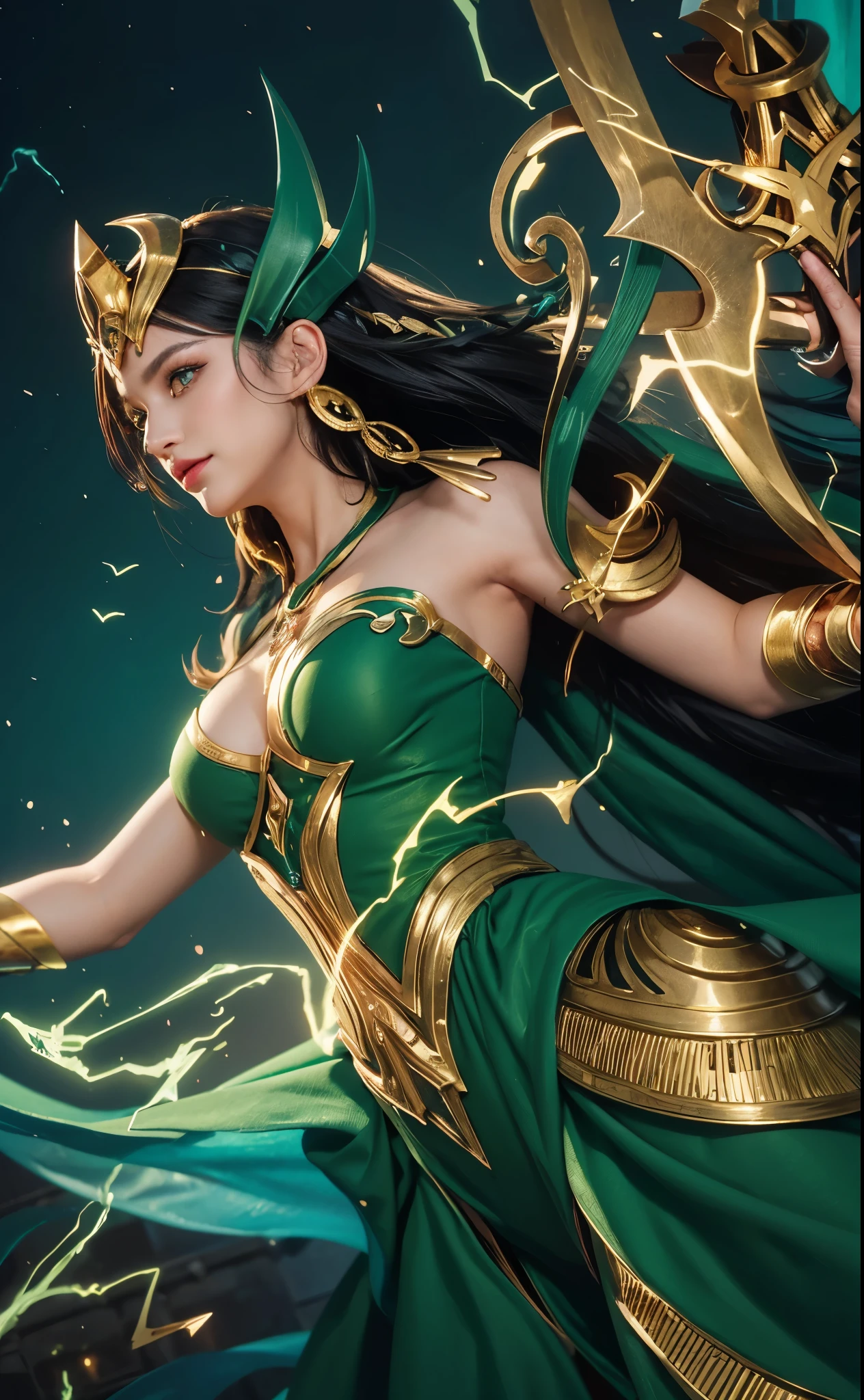 Woman with green dress, woman with very long black hair, woman with blue spreading lightning and Trident spear, woman with gold Accessories on her head, woman with gold Accessories on her ear, woman with thic tight, woman with pink lipstick, woman using green dress with beautiful eyes, woman using green dress with beautiful face,woman using green dress with blue ocean background, woman with thic armpit, woman using green dress holding trident spear, woman using green dress with big round beautiful eyes , woman with hard sticky armpit, woman with green tank top, woman with full green tank top and green dress
, woman with thic rough armpit