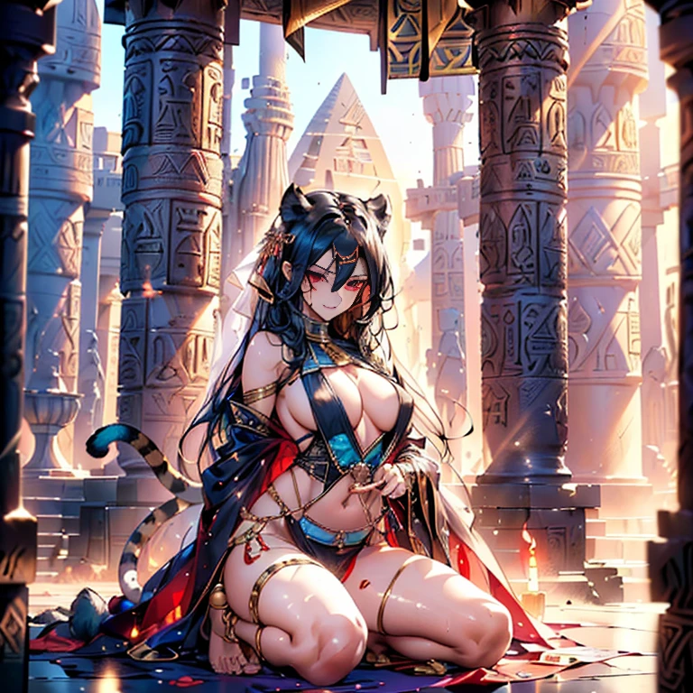 queen panther girl from ancient Egypt, (((panther woman,anthro furry cute,panther female warrior,panther-girl))),(((tail,panther tail,panther ears,thin panther tail,panther ears on head,big panther ears))),(large breasts:1.4,saggy breasts),((black hair:1.4,straight hair,long hair:1.4,colored inner hair)),(((red_eyes:1.3))),intricate eyes,beautiful detailed eyes,symmetrical eyes,((((lustrous skin:1.5,tanned skin,bright skin: 1.5,skin tanned,shiny skin,very shiny skin,shiny body)))),(spider lower abdomen,narrow waist,wide hip,athletic body,inflated legs),(((detailed face))),beautiful detailed lips, slutty,sensual,seductive look,seductive,((erotic)),opulent,(((nsfw))), (((huge cleavage))),revealing clothes,show skin,((underboob)),(barefoot,),Egyptian adornments,(((red veil))),desert warrior with little clothing,((tiny loincloth)),Egyptian tattoo,arms covered in Egyptian adornments,shoulder pad,(((nemes with that of the sphinx))),include hieroglyphics in clothing,((clothing in red and black and white colors)),((Egyptian designs on the arms)),(((Transparent cloth:1.1,wet clothes,intricate outfit,embroidered outfit,ornate outfit,intricate clothes,embroidered clothes,ornate clothes))), dynamic pose,looking at viewer,(smirk,beautiful smile),centered,scale to fit dimensions,Rule of thirds, inside a cavern,pillars,((pillars background,egyptian palace background)),scenery,extremely scenery,(torches,torches in the background),Egypt castle,(sunset, golden hour), (Glossy Egyptian ornaments),(top-quality,8K,32K,​masterpiece),high resolution,(Photorealistic:1.4),Ray tracing,Sun glare,depth of fields,By backlight effect,Add depth to your screen,(((vibrant colors,vibrant theme))),(intricate),(high contrast,photorealistic artwork:1.37),(best quality,4k,highres,masterpiece:1.2),ultra-detailed,(realistic,photorealistic,photo-realistic:1.37),professional,