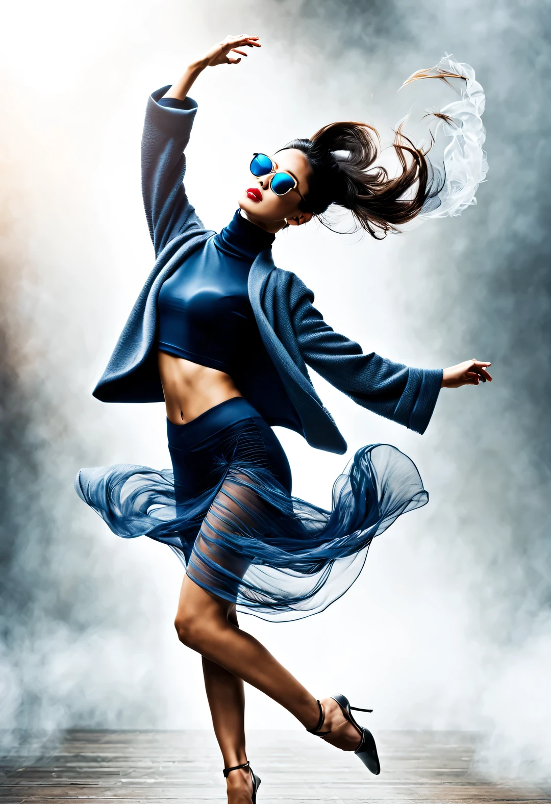 (Modern art dance poster design), (Half-length close-up), (Beautiful Chinese girl dancing in the air), (Wear modern fashionable winter fashion: 0.8), (Wearing large sunglasses: 1.2), Harmonious combination of classic and modern, An elegant combination of dark blue and brown,Highlight the retro charm without losing fashion sense. sweater, jeans, scarf, coat, Girl fair and flawless smooth skin, high nose bridge, and the posture of raising one’s head, sadness and beauty, slender figure, Exquisite facial features, Swirling mist, Noble temperament, illustration, ink painting, black hair, meatball head, messy, Proud, Surrealism, contemporary art photography, action painting illustration, abstract expressionism, Pixar, depth of field, motion blur, backlight, Falling shadows, gradually blurred, Elevation viewing angle, Sony FE General Manager, ultra high definition, masterpiece, Accuracy, textured skin, Super details, high detail, high quality, Award-winning, best quality, Level, 16k, Photographed from a bottom-up perspective,