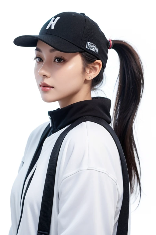 Travel attendant,female ponytail,With baseball cap,Athleisure style,vitality,White background