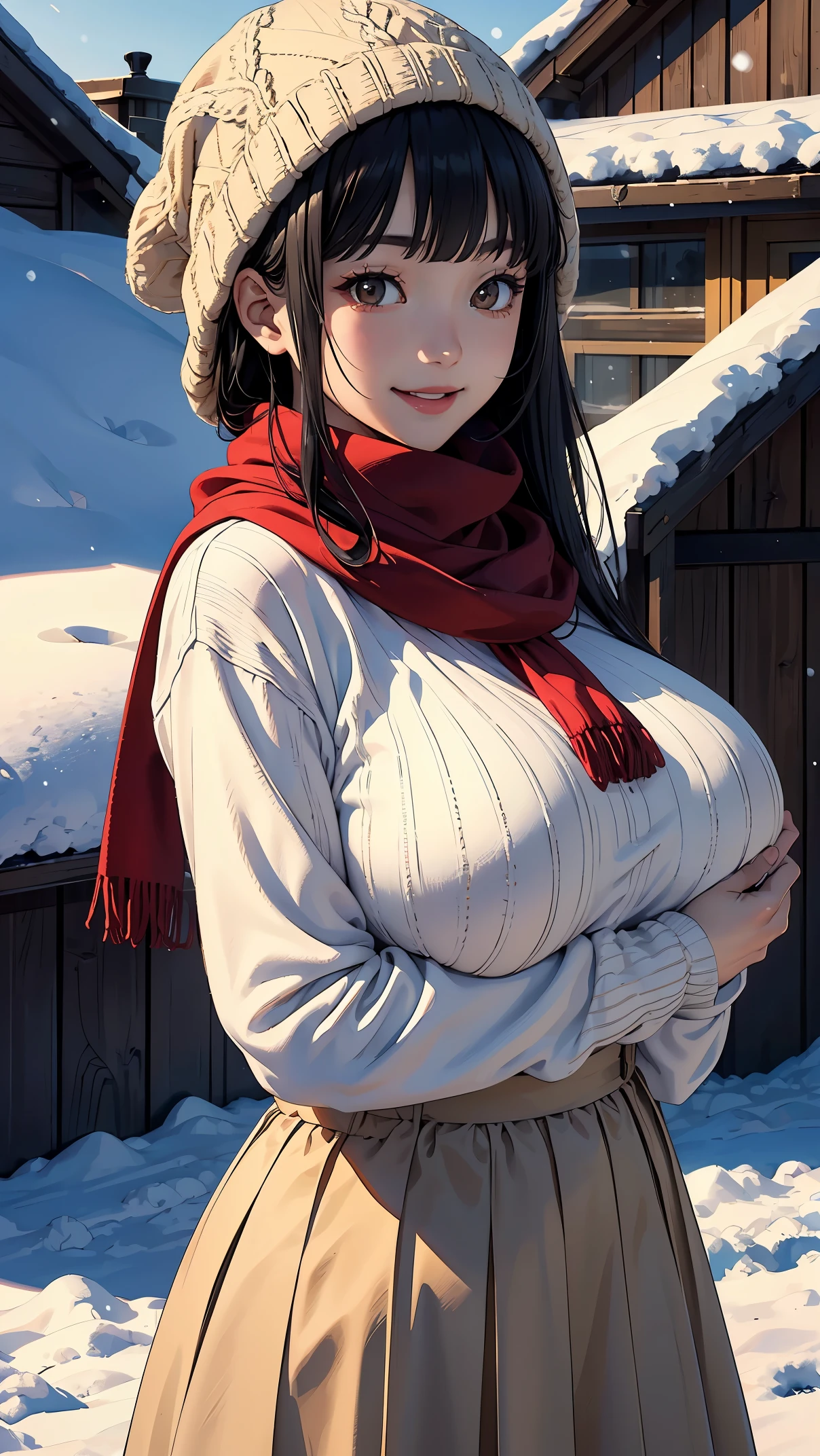 (masterpiece:1.4)、(highest quality:1.4)、ultra high resolution、anime style、20 year old woman、black long hair、blunt bangs、brown eyes、knit hat、Scarf、Beige sweater、long skirt、(huge breasts:1.2)、red face、smile、it's snowing、rooftop、sunrise、The snow reflects the sunlight、natural lighting、deep shadow lighting
