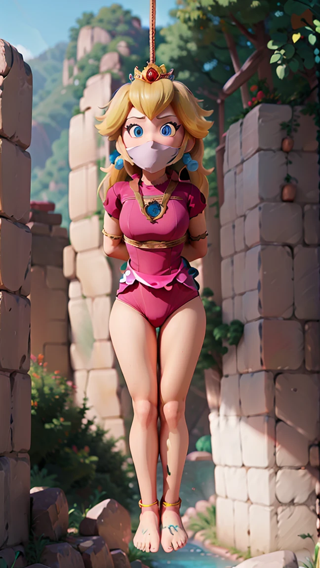 Princess Peach, (((wearing a sexy bikini))), huge breasts, upper body, masterpiece,8k, best quality, good hands,good eyes, pixarstyle, 1girl, solo, style,parody,3d,long hair, detail hair, blonde hair, maximum detail, intricate detail, extremely clear, beach, nsfw, smile, shy, blush, embaressed, ((long hair)), (tall girl), (solo, 1 girl), ((shibari, arms behind back : 1.4)) , ( full face otn gag mask), (full body view),((toes to head view)), ,((full body model)), ((complete body view photo)), ((standing)), Scared, (Skinny), view the viewer, ((shibari, bound arms, arms back behind:1.4)), tied in a wood pole, (underwater reef), ((tight full face latex mask)), (otn gag), gagged, ((rope around the neck)), ((rope noose on the neck)), ((suspension bondage)), ((((suspension neck)))), ((air suspension)), ((wearing a rope necklace))