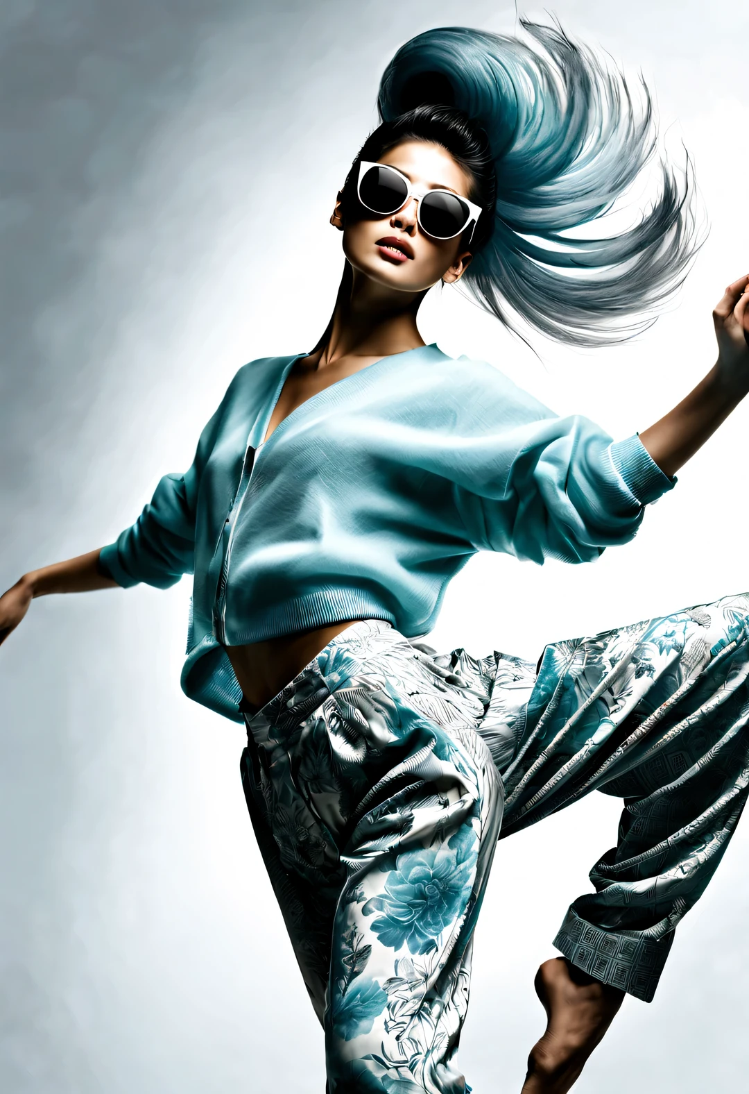 (Modern art dance simple poster design), (Half-length close-up), (Beautiful Chinese girl dancing in the air), (Wearing sunglasses and Dreamlocks hairstyle: 1.2) The pastel tones of a light blue jacket and an off-white floral sweater blend together, The black and white plaid pants also have a sharp contrast, Characterized by exquisite details and layering, Both fashionable and with a touch of gentle feminine charm. Wear modern and stylish winter fashion, slim waist, high nose bridge, Head up posture, sad yet beautiful, slender figure, Exquisite facial features,
background: briefcase dance, fog illustration, ink painting, black hair, Proud, Surrealism, contemporary art photography, action painting illustration, abstract expressionism, Pixar, depth of field, motion blur, backlight, Falling shadows, Vignetting, Elevation viewing angle, Sony FE General Manager, ultra high definition, masterpiece, Accuracy, textured skin, Super details, high detail, high quality, Award-winning, best quality, Level, 16k, Photographed from a bottom-up perspective,