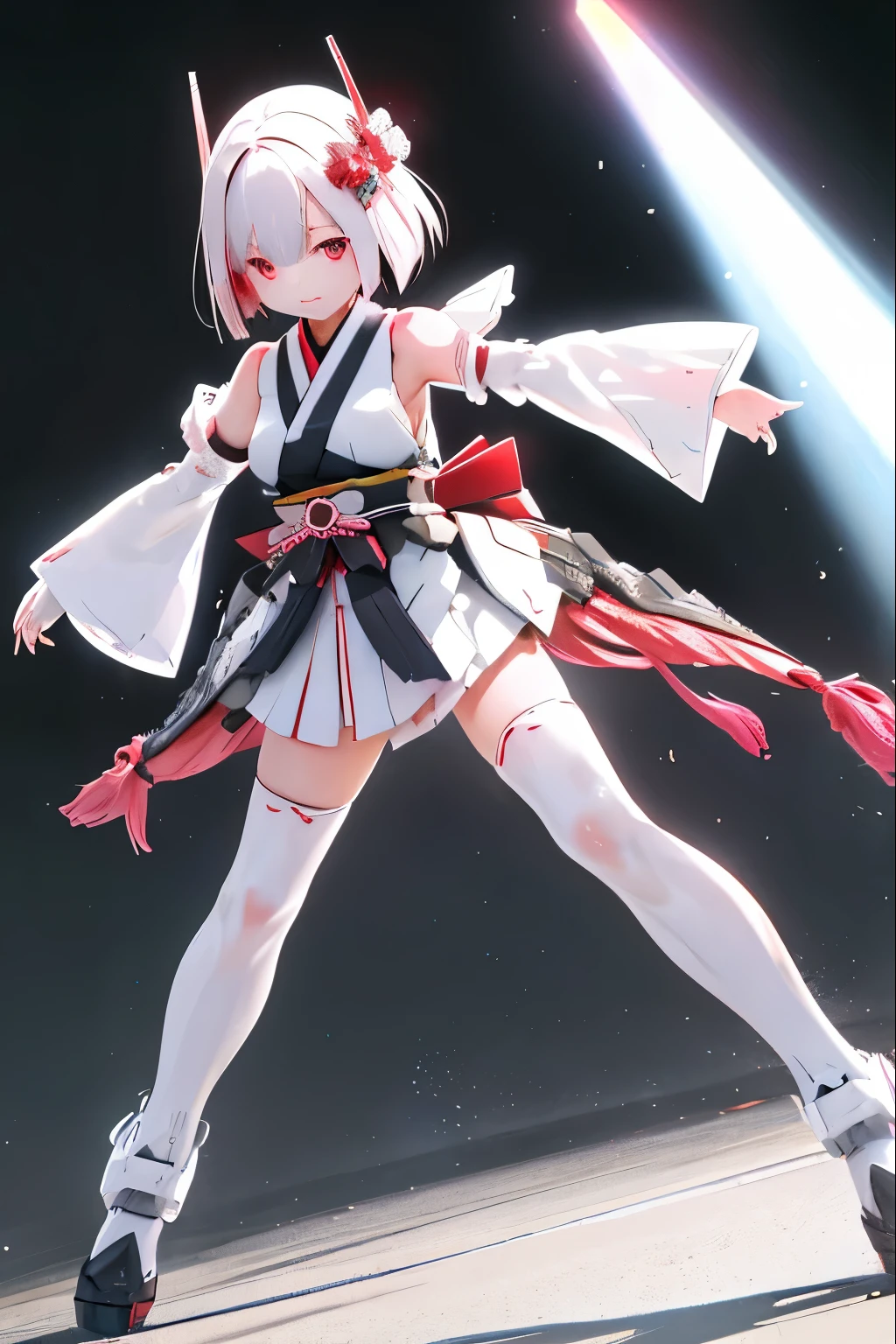 (highest quality)), ((masterpiece)), (very detailed: 1.3), 3D, {(japanese young girl)}, white theme, (ware a scarlet hakama:1.2), wear shrine maiden anime costume, (She is fused with futuristic Gundam mecha:1.2), with headgear, with v-fin , armored shoulders,armored under arms, armored under legs, (holding a Japanese sword in the right hand:1.2), multilayer textureperfect proportions, octane rendering, duotone lighting, Low ISO, wide aperture, White balance, Rule of thirds, ultra HD16k, HDR (High Dynamic Range), Ray Tracing, NVIDIA RTX, Super Resolution, Subsurface Scattering, PBR Texturing, Post Processing, Anisotropic Filtering, Depth of Field, Maximum Clarity and Clarity, High efficiency subpixel, subpixel convolution, particles of light, light scattered, Tyndall effect, full body:1.5, battle pose, cute, (cute:1.2), (bob cut:1.3),三つ編み, 黒髪, 太い眉毛, 薄い色の虹彩, 大きくて輝いている黒い瞳, 長いまつげ, 小さく薄い色の自然な唇, (Average face of Japanese idols), (日本人特有の童顔:1.3), (), 広いおでこ:1.2, ふっくらした頬, 小さな顎, visible side boob, broken streets, Broken City,looking at viewer,Focus on the eyes, (完璧な4本の指, 親指1本),