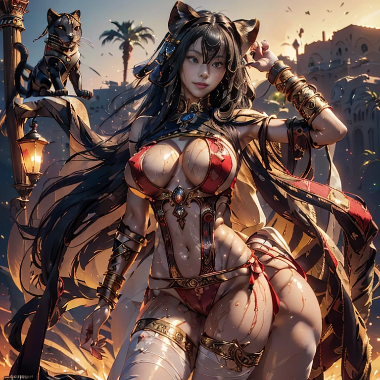 queen panther girl from ancient Egypt, (((panther woman,anthro furry cute,panther female warrior,panther-girl))),(((tail,panther tail,panther ears,thin panther tail,panther ears on head,big panther ears))),(large breasts:1.4,saggy breasts),((black hair:1.4,straight hair,long hair:1.4,colored inner hair)),(((red_eyes:1.3))),intricate eyes,beautiful detailed eyes,symmetrical eyes,((((lustrous skin:1.5,tanned skin,bright skin: 1.5,skin tanned,shiny skin,very shiny skin,shiny body)))),(spider lower abdomen,narrow waist,wide hip,athletic body,inflated legs),(((detailed face))),beautiful detailed lips, slutty,sensual,seductive look,seductive,((erotic)),opulent,(((nsfw))), (((huge cleavage))),revealing clothes,show skin,((underboob)),(barefoot,),Egyptian adornments,(((red veil))),desert warrior with little clothing,((tiny loincloth)),Egyptian tattoo,arms covered in Egyptian adornments,shoulder pad,(((nemes with that of the sphinx))),include hieroglyphics in clothing,((clothing in red and black and white colors)),((Egyptian designs on the arms)),(((Transparent cloth:1.1,wet clothes,intricate outfit,embroidered outfit,ornate outfit,intricate clothes,embroidered clothes,ornate clothes))), dynamic pose,looking at viewer,(smirk,beautiful smile),centered,scale to fit dimensions,Rule of thirds, inside a cavern,pillars,((pillars background,egyptian palace background)),scenery,extremely scenery,(torches,torches in the background),Egypt castle,(sunset, golden hour), (Glossy Egyptian ornaments),(top-quality,8K,32K,​masterpiece),high resolution,(Photorealistic:1.4),Ray tracing,Sun glare,depth of fields,By backlight effect,Add depth to your screen,(((vibrant colors,vibrant theme))),(intricate),(high contrast,photorealistic artwork:1.37),(best quality,4k,highres,masterpiece:1.2),ultra-detailed,(realistic,photorealistic,photo-realistic:1.37),professional,