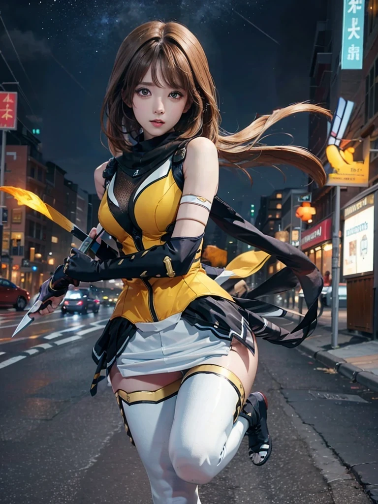 asian girl in a yellow dress holding a sword and a sword,high res, ultrasharp, 8K, masterpiece, looking at viewer, photorealistic, no background