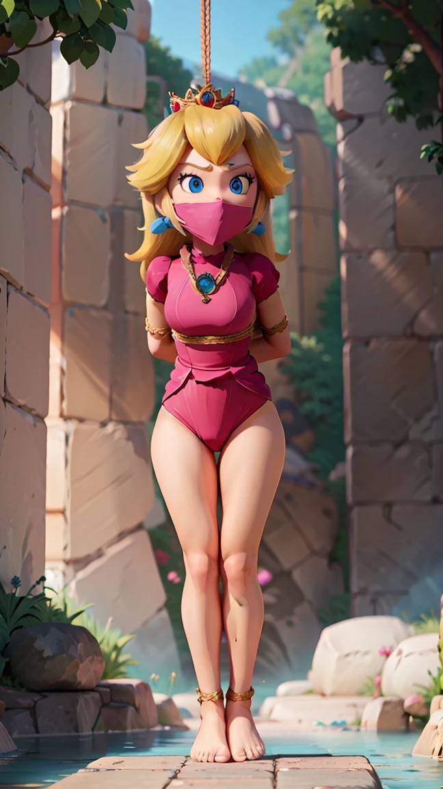 Princess Peach, (((wearing a beatifull bikini))), huge breasts, upper body, masterpiece,8k, best quality, good hands,good eyes, pixarstyle, 1girl, solo, style,parody,3d,long hair, detail hair, blonde hair, maximum detail, intricate detail, extremely clear, beach, nsfw, smile, shy, blush, embaressed, ((long hair)), (tall girl), (solo, 1 girl), ((shibari, arms behind back : 1.4)) , ( full face otn gag mask), (full body view),((toes to head view)), ,((full body model)), ((complete body view photo)), ((standing)), Scared, (Skinny), view the viewer, ((shibari, bound arms, arms back behind:1.4)), tied in a wood pole, (underwater reef), ((tight full face latex mask)), (otn gag), gagged, ((rope around the neck)), ((rope noose on the neck)), ((suspension bondage)), ((((suspension neck)))), (((gallow suspension)), ((peach hanging in the air)), ((playing hangman)), (((pink gag))), (over the nose mask)