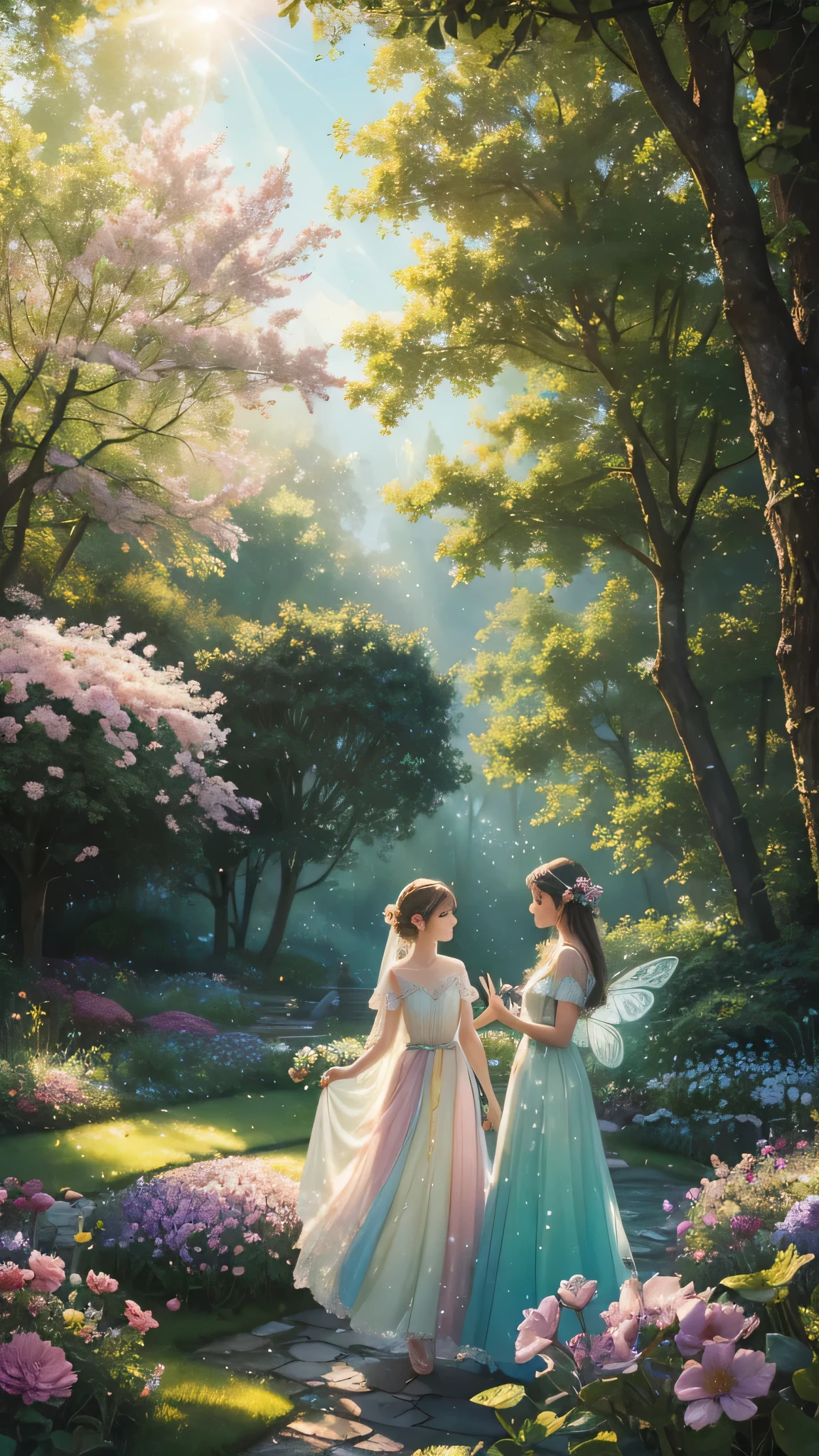 (best quality,highres),vibrant multicolored garden,ethereal fairies,floating in mid-air,glowing with fairy dust,Fairies are wearing delicate, iridescent wings,sparkling in the sunlight,Colorful flowers blooming everywhere,bursting with life and fragrance,Lush green grass underfoot,gently swaying in the breeze,Sunlight streaming through the trees,creating a magical atmosphere,Soft, pastel hues painting the sky,creating a dreamlike ambiance,Subtle dappled light falling on the fairies,accentuating their grace and beauty,Gentle sounds of nature, birds chirping and leaves rustling,Adding a touch of enchantment to the scene.