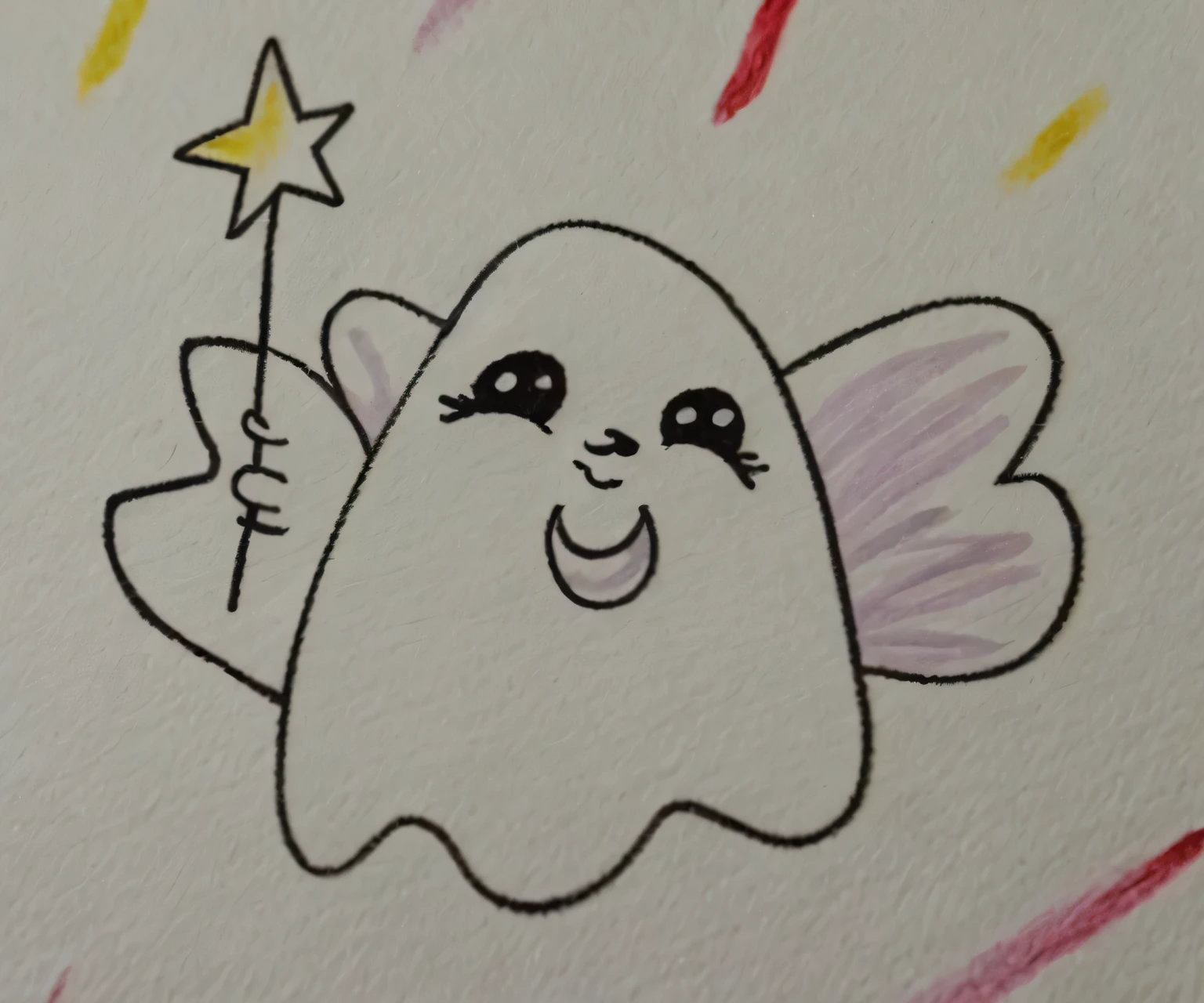 Close-up of ghost painting holding stars in hand, friendly contact, Spooky like ghost, irridescent Spooky like, fuzzy ghost, floating ghost, Smile like a fairy king, drawn on white parchment paper, inspired by Tooth Wu, Spooky like, scary ghost, Cute and funny ghost, Astral Fairy, kill, Inspired by Luma Rouge