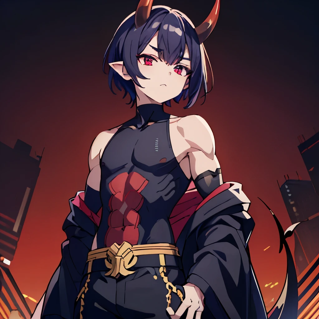 1boy((best quality)), ((masterpiece)), (detailed), perfect face1 boy;((best quality)), ((masterpiece)), (detailed), perfect face;shuten doji style; pretty face ; pretty boy, demon horns protruding out of forehead; black hair; lean physique; wearing tight sleevles shirt e; standing in front of viewer ; black medium hair,male ; make him a male with a male chest, full body shot, wearing pants, wearing tight sleevless tank top ,sfw, small lean body, tight fitting clothe, red and black color scheme, small body , petit body , pointy ears