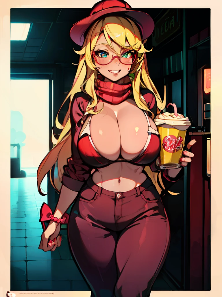 blush, glowing aura, natural light, masterpiece, glossy skin, juicy lips , ,sexy, hot, , evil,juicy lips, bimbo, hour glass, blonde hair, wide eyes, green eyes, massive boobs, dark lighting, long hair, pink bow, platform shoes, bow in hair, golden round glasses, sandy blonde hair, bimbo, cute, evil smile, no hair on forehead, no fringe, juicy lips, red shirt, fast food worker, name tag, hat, scarf tie, yellow scarf tie, holding food and drink, holding tray of food, black striped jeans,