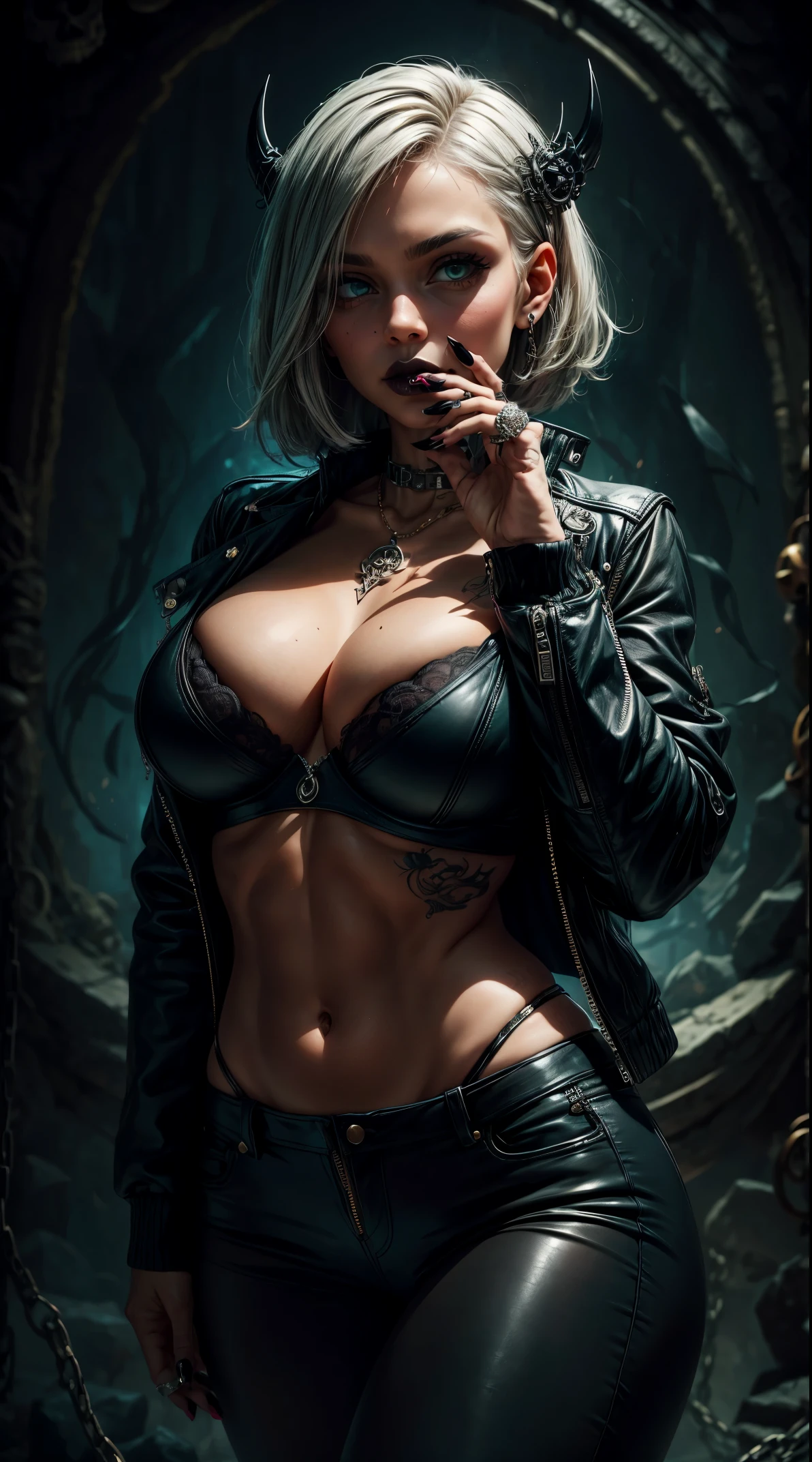 Tia is shown to have a fairly slender figure. She has white-grey hair , she has short hair and large pale green eyes, A close-up picture of a girl wearing a black leather jacket with a fully open zipper with a black bra underneath. The girl is wearing a chain with satanic symbols on it. She puts a lot of piercing in the eyebrow, ear, nose, and mouth. She puts on black lipstick. She puts her hands on her face to show the tattoos on her arms and hands, which are tattoos.  Satanic symbols such as reverse triangles, reverse writings, and devil circles. She wears satanic rings and skull-shaped rings on her fingers. The girl stands in a very dark place., cleavage exposed, big breasts, superior quality, many details, Puri focus  Sharp and realistic