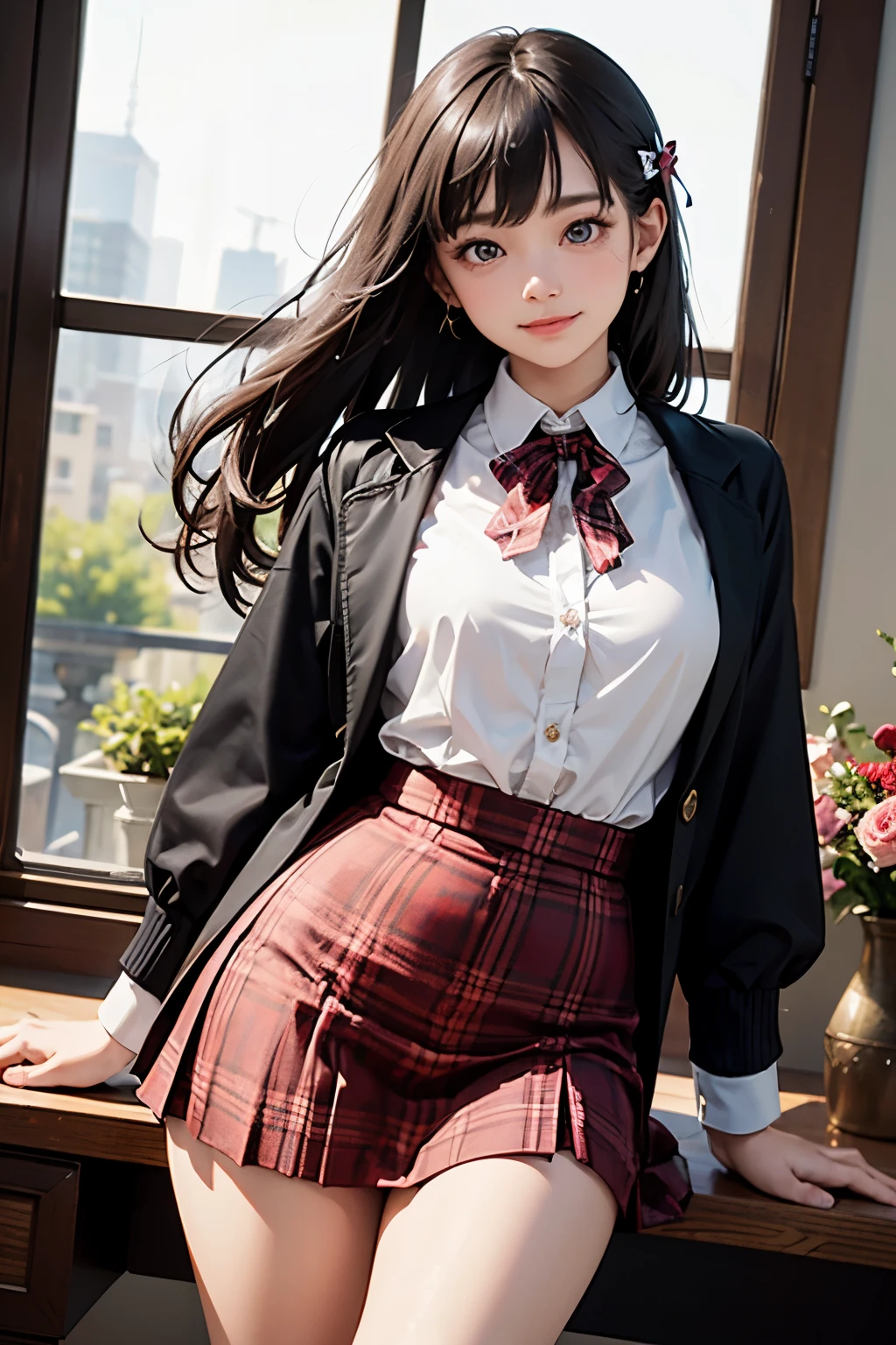 very cute and beautiful girl,(highly detailed beautiful face and eyes:1.2),(smile:1.2),cowboy shot,
(white blouse with detailed frills),long sleeve BREAK standing,skirt lift,white panties,
dynamic angle,hair ribbon,black hair,(scarlet plaid mini skirt)
BREAK living room,flowers in vase,wooden desk,(bookshelf:0.9),jewelry box,european carpet,distant trees,
(best quality,masterpiece:1.2),(intricate details),extremely detailed,highres,solo,
cinematic scene,hair fluttering in the wind,