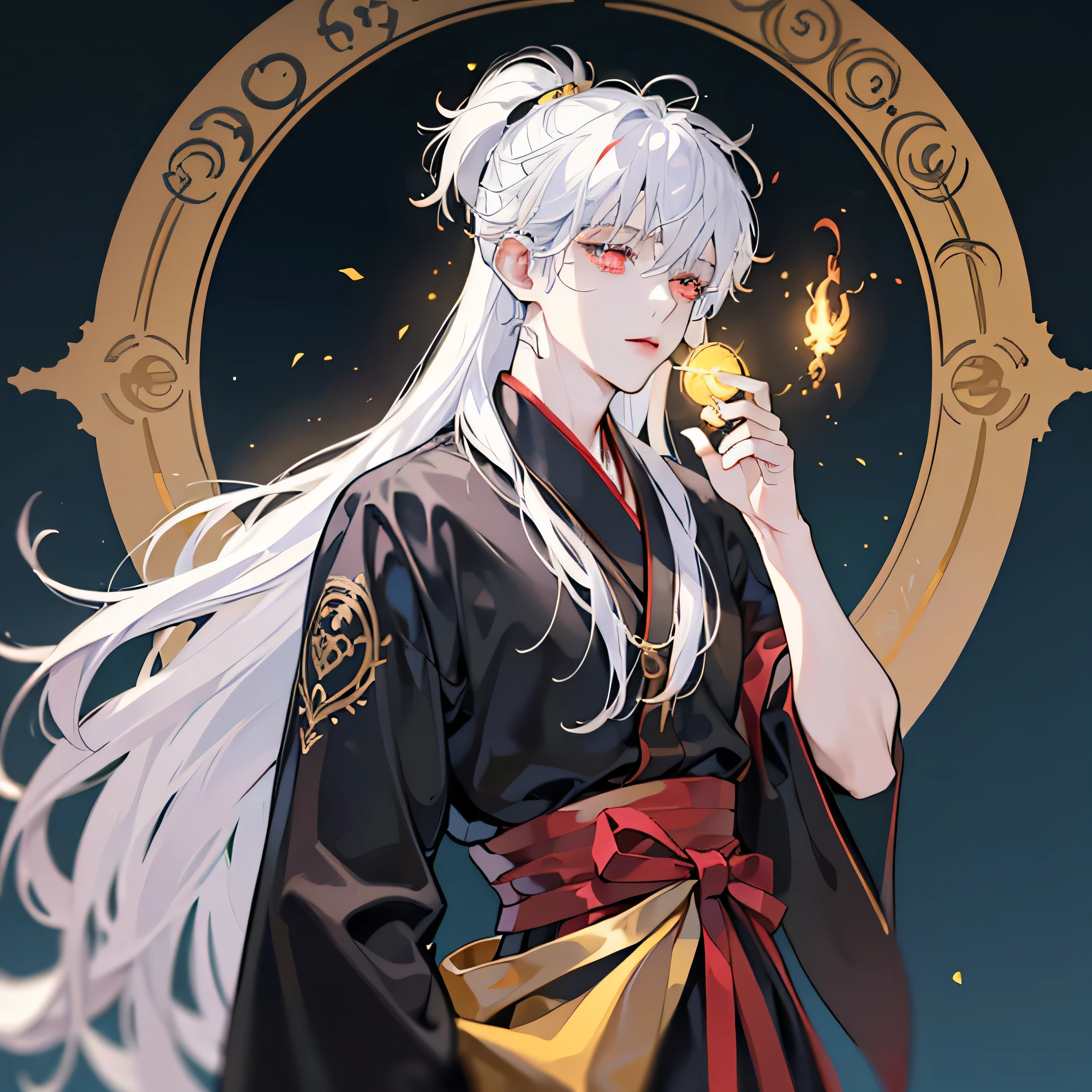 Take full body shots:1.3), (((best quality))), ((Super detailed)), (Cinema lighting), (illustration), (beautiful details eyes), ((1 boy, Humanity,  years, Asian面部特征:1.5)), depth of field,(White complexion, Asian:1.8), ((Albinism:0,5)), ((singing voice)), (((masterpiece, high quality, high resolution,Detailed background, delicate eyes, good eyes, mist, The pronunciation of the mantra, Magical Dark Aura, good anatomy, fantastic))), (young face, Looking directly at, lose weight:1.2), ((white hair, long hair, Asian hairstyle:1.5)), magic sparks, Black shiny particles, (long hair:1.3), Wang Jian clothing, ((Fantasy Japanese Clothing, yellow kimono, black cover, traditional Japanese outfit, Black pants, KON), Asian noble clothing, (pointed ears:1.2), glowing eyes,(red eyes), roman background, (use magic:1.4),(Absurd, high resolution, Super detailed),delicate eyes和细致的脸部, idiot \tarot cards\, poet, clown, symbolism, visual art, mysterious, universal, Visual casting, philosophical, Iconography, Divination by numbers, popularity, An artistic, ((peaceful))