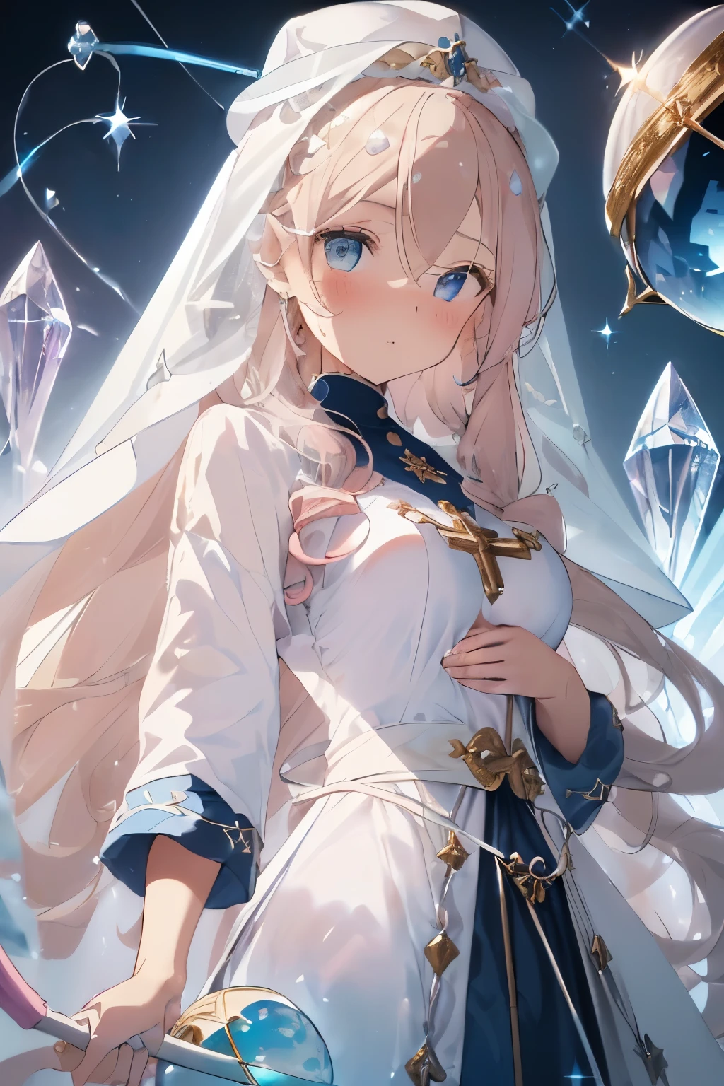 (blonde:1.2),(long hair with curls:1.25),(No bangs:1.25),(A crystal-like clear round gem in the middle of the forehead:1.3),(light pink and blue eyes:1.3),(clergyman:1.3),(White, light blue, blue, and navy blue monastic robes:1.3),(hat with a veil:1.25),(A long cane as tall as one's height:1.45),(Wand:1.35),(The tip of the cane has an oversized sphere attached to it.:1.35),(fighting with a cane:1.45),(blush:1.2),(small breasts:1.65),(active movement:1.2),(close up of face:1.2),