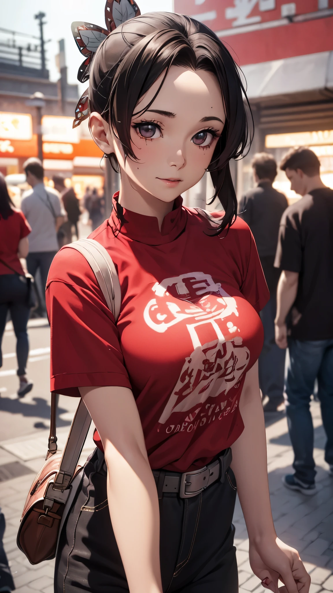 Close-up face, woman 1, upper body, standing, red patterned T-shirt, background in a public place,highly detailed CG, unit, 8K wallpapers, highest quality, high resolution, beautiful lighting, realistic shadow,detailed face Highly,detailed eyes Highly,detailed hair Highly