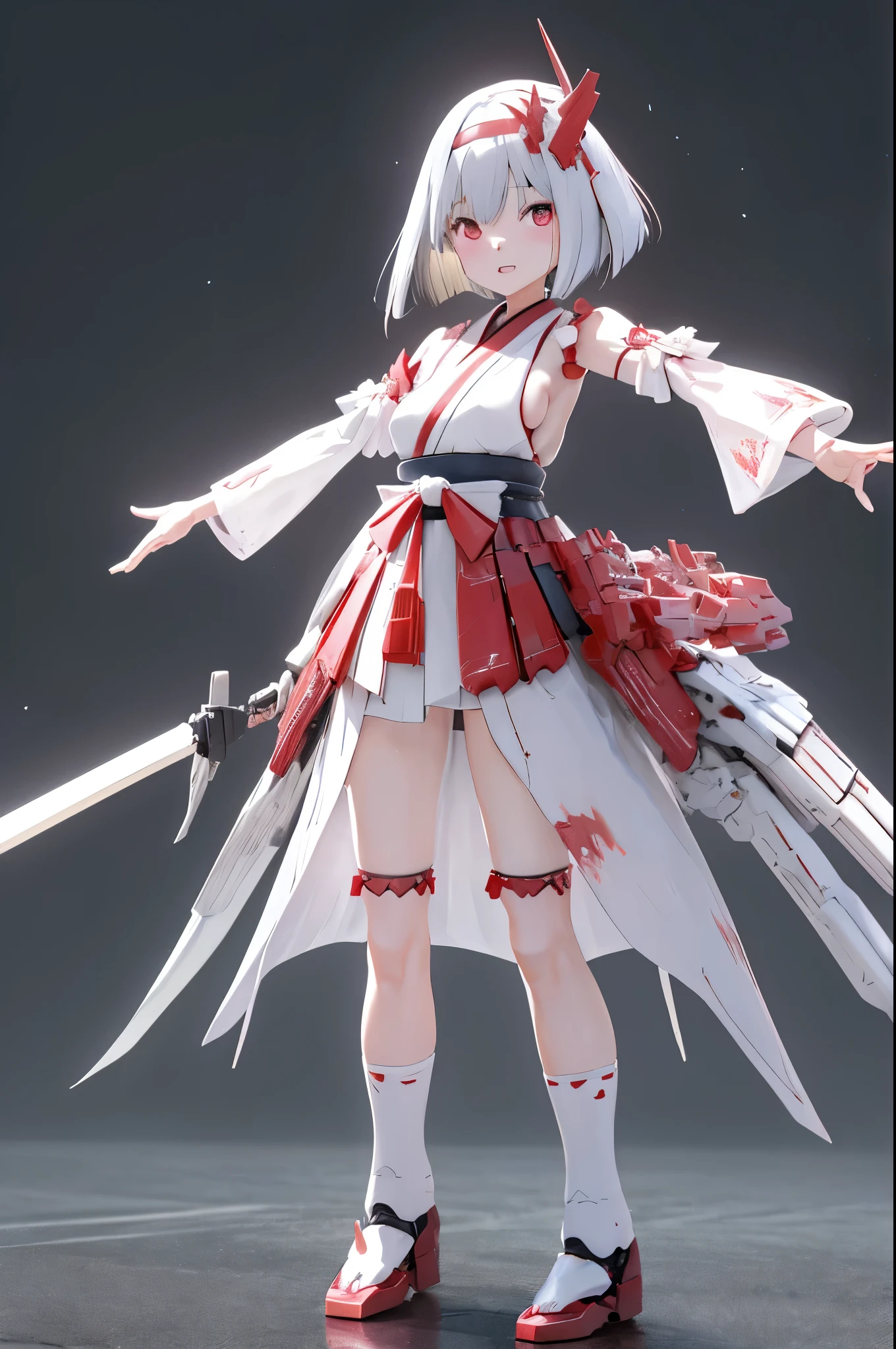 (highest quality)), ((masterpiece)), (very detailed: 1.3), 3D, {(japanese young girl)}, white theme,  (ware a scarlet hakama:1.2), wear shrine maiden anime costume, wears a futuristic Gundam mecha,(Gundam), with headgear, with v-fin , armored shoulders,armored under arms, armored under legs, (holding a shining Japanese sword  in the right hand),  multilayer textureperfect proportions, octane rendering, duotone lighting, Low ISO, wide aperture, White balance, Rule of thirds, ultra HD16k, HDR (High Dynamic Range), Ray Tracing, NVIDIA RTX, Super Resolution, Subsurface Scattering, PBR Texturing, Post Processing, Anisotropic Filtering, Depth of Field, Maximum Clarity and Clarity, High efficiency subpixel, subpixel convolution, particles of light, light scattered, Tyndall effect, full body:1.5, battle pose, cute, (cute:1.2), (bob cut:1.3),三つ編み, 黒髪, 太い眉毛, 薄い色の虹彩, 大きくて輝いている黒い瞳, 長いまつげ, 小さく薄い色の自然な唇, (Average face of Japanese idols), (日本人特有の童顔:1.3), (), 広いおでこ:1.2, ふっくらした頬, 小さな顎, visible side boob, broken streets, Broken City,looking at viewer,Focus on the eyes