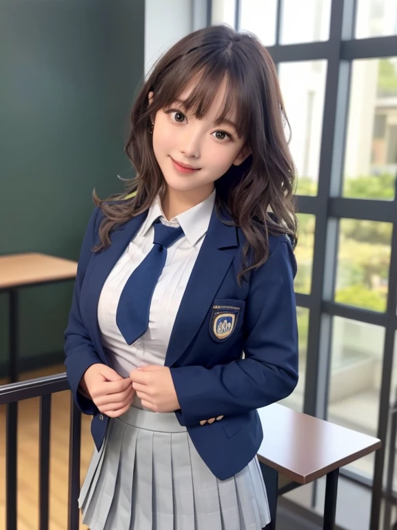 8K, highest quality, real image, intricate details, super detailed, Super high resolution, depth field,(realistic,realistic:1.2),table top , Frontal shot , From the middle , 1 girl, Eye_Chan, very beautiful 17 year old girl, innocent big eyes,、beautiful breasts:1.5、highly detailed eyes:1.2)、(beautiful breasts:1.1)、wavy hair、curly hair、bangs、, perfect skin, Fair skin, huge breasts, Hands on the chest、tight waist, light blush, alone, looking at the viewer, light smile, ((School_uniform),(dark blue blazer), (white shirt、Wearing a tie), (gray pleated skirt), (sculpture installation :1.1)