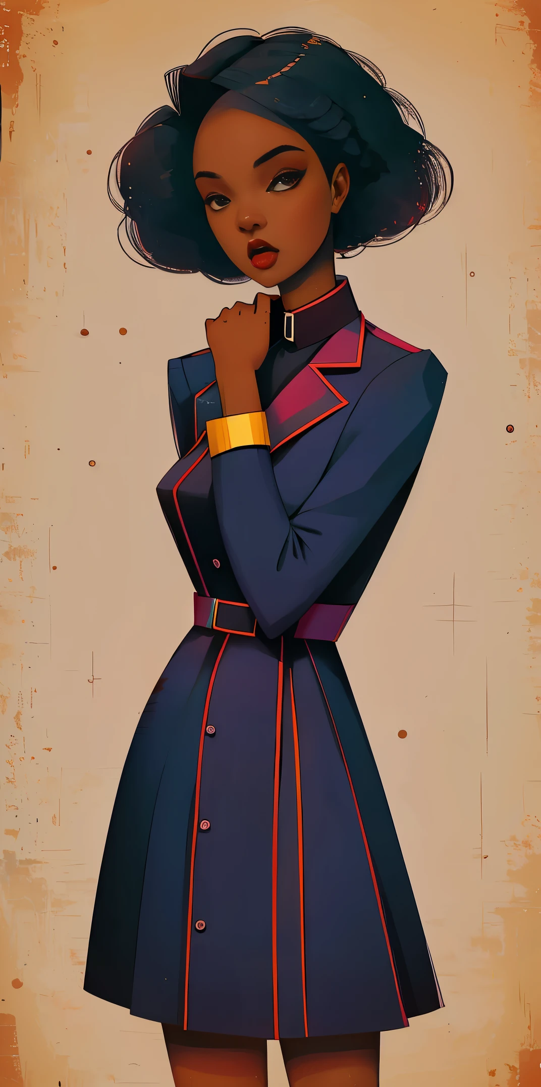 A Congolese black girl, 1girl, perfect facial features, dark ebony skin, full body, vintage horror, 1940s, shapes, gothic, vintage, ????, anime style, (clear background:1.0)
