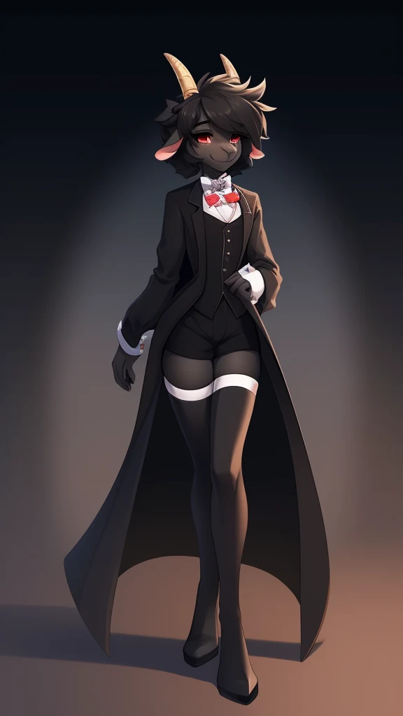 Best quality, Super detailed illustration, (1 boy:1.2), (goat:1.4), (matte black fur color:1.4), feminine face and body, disheveled thick hair, elegant outfit with bow tie, tailcoat, short shorts, tight stockings, shy smile, Femboy, small waist, wide hips, Slim, perfect body, long demon tail