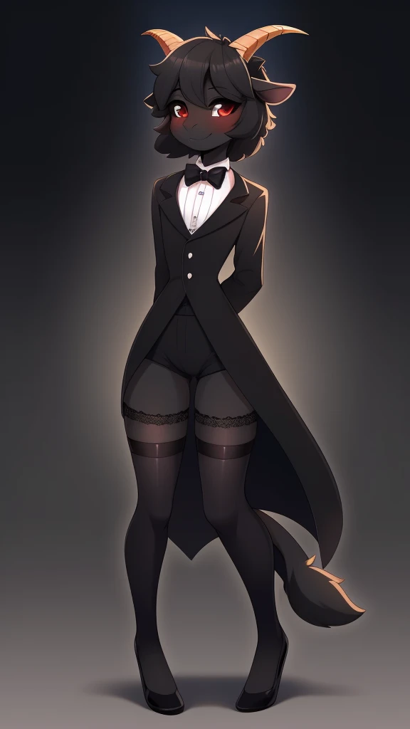 Best quality, Super detailed illustration, (1 boy:1.2), (goat:1.4), (matte black fur color:1.4), feminine face and body, disheveled thick hair, elegant outfit with bow tie, tailcoat, short shorts, tight stockings, shy smile, Femboy, small waist, wide hips, Slim, perfect body, long demon tail