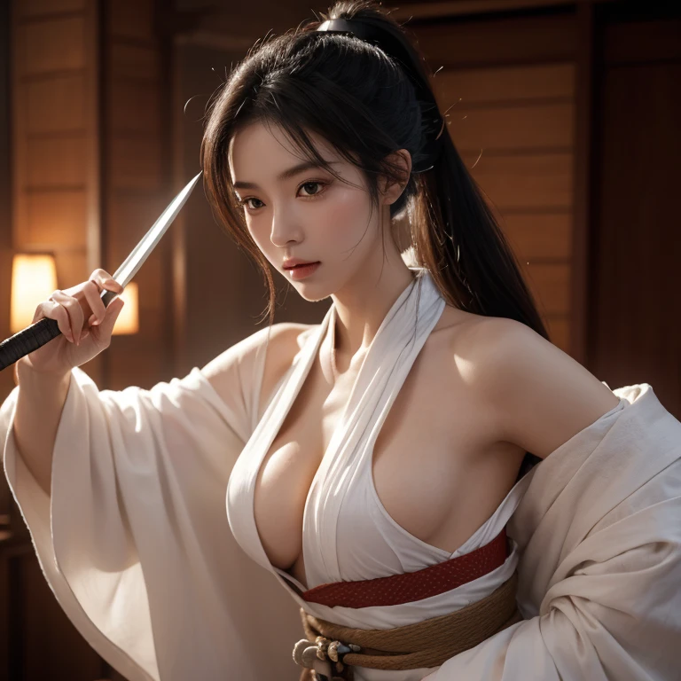 (original photo:1.2), (lifelike), Beautiful and exquisite beauty, 半遮脸面具白色衣服Very detailed eyes and face, beautiful and delicate eyes, Larger file size, high resolution, Very detailed, best quality, [on the table:1.6], illustration, Very detailed, Exquisite details, best quality, 8k wallpaper, Light, Female swordsman, ponytail dark hair, Open chest white kimono,&#39;s chest is open，White is clearly visible.,  Legendary Sword, See-through kimono, serious facial expression, Slim, young face, big breasts, physical maturity,On the foggy battlefield, Great sword, Be attacked by monsters，