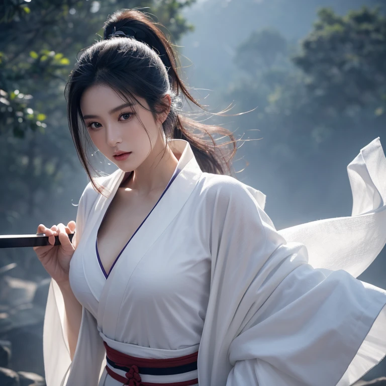 (original photo:1.2), (lifelike), Beautiful and exquisite beauty, 半遮脸面具白色衣服Very detailed eyes and face, beautiful and delicate eyes, Larger file size, high resolution, Very detailed, best quality, [on the table:1.6], illustration, Very detailed, Exquisite details, best quality, 8k wallpaper, Light, Female swordsman, ponytail dark hair, Open chest white kimono,&#39;s chest is open，White is clearly visible.,  Legendary Sword, See-through kimono, serious facial expression, Slim, young face, big breasts, physical maturity,On the foggy battlefield, Great sword, Be attacked by monsters，