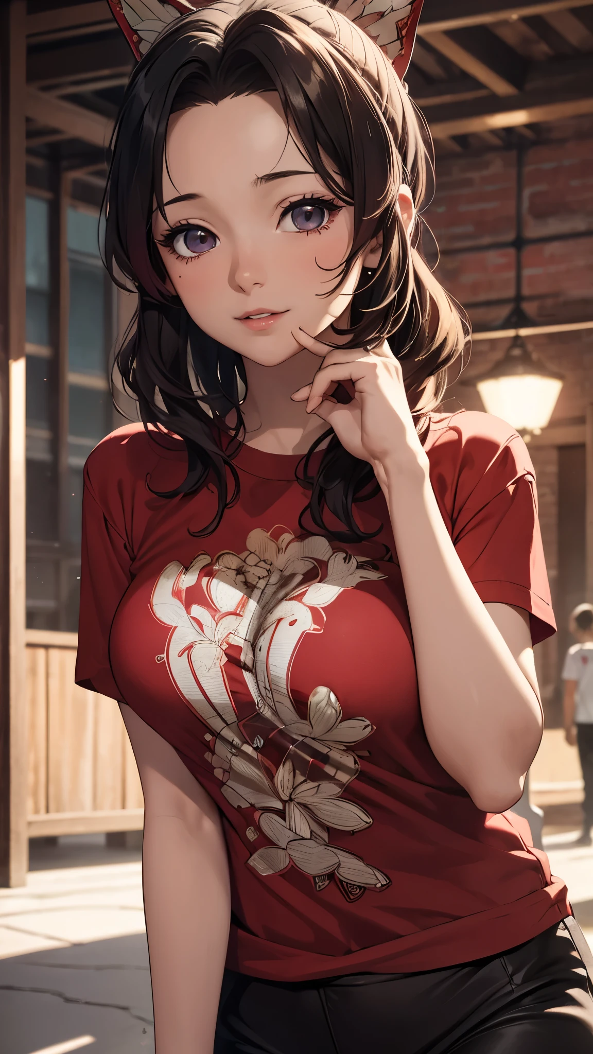 Close-up face, woman 1, upper body, standing, red patterned T-shirt, background in a public place,highly detailed CG, unit, 8K wallpapers, highest quality, high resolution, beautiful lighting, realistic shadow,detailed face Highly,detailed eyes Highly,detailed hair Highly