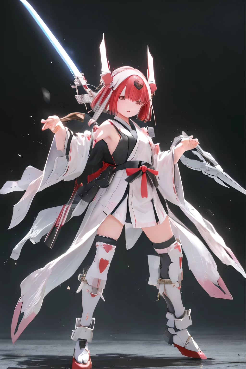 (highest quality)), ((masterpiece)), (very detailed: 1.3), 3D, {(japanese young girl)}, white theme, (ware a scarlet hakama:1.2), wear shrine maiden anime costume, wears a futuristic Gundam mecha,(Gundam), with headgear, with v-fin , armored shoulders,armored under arms, armored under legs, (holding a shining Japanese sword in the right hand), multilayer textureperfect proportions, octane rendering, duotone lighting, Low ISO, wide aperture, White balance, Rule of thirds, ultra HD16k, HDR (High Dynamic Range), Ray Tracing, NVIDIA RTX, Super Resolution, Subsurface Scattering, PBR Texturing, Post Processing, Anisotropic Filtering, Depth of Field, Maximum Clarity and Clarity, High efficiency subpixel, subpixel convolution, particles of light, light scattered, Tyndall effect, full body:1.5, battle pose, cute, (cute:1.2), (bob cut:1.3),三つ編み, 黒髪, 太い眉毛, 薄い色の虹彩, 大きくて輝いている黒い瞳, 長いまつげ, 小さく薄い色の自然な唇, (Average face of Japanese idols), (日本人特有の童顔:1.3), (baby face), 広いおでこ:1.2, ふっくらした頬, 小さな顎, visible side boob, broken streets, Broken City,looking at viewer,Focus on the eyes