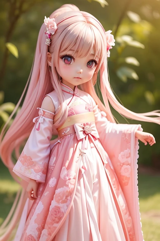 with a girl, Little、amber, , medium pastel silk、pink white dress, luxury fabric、hanfu dress