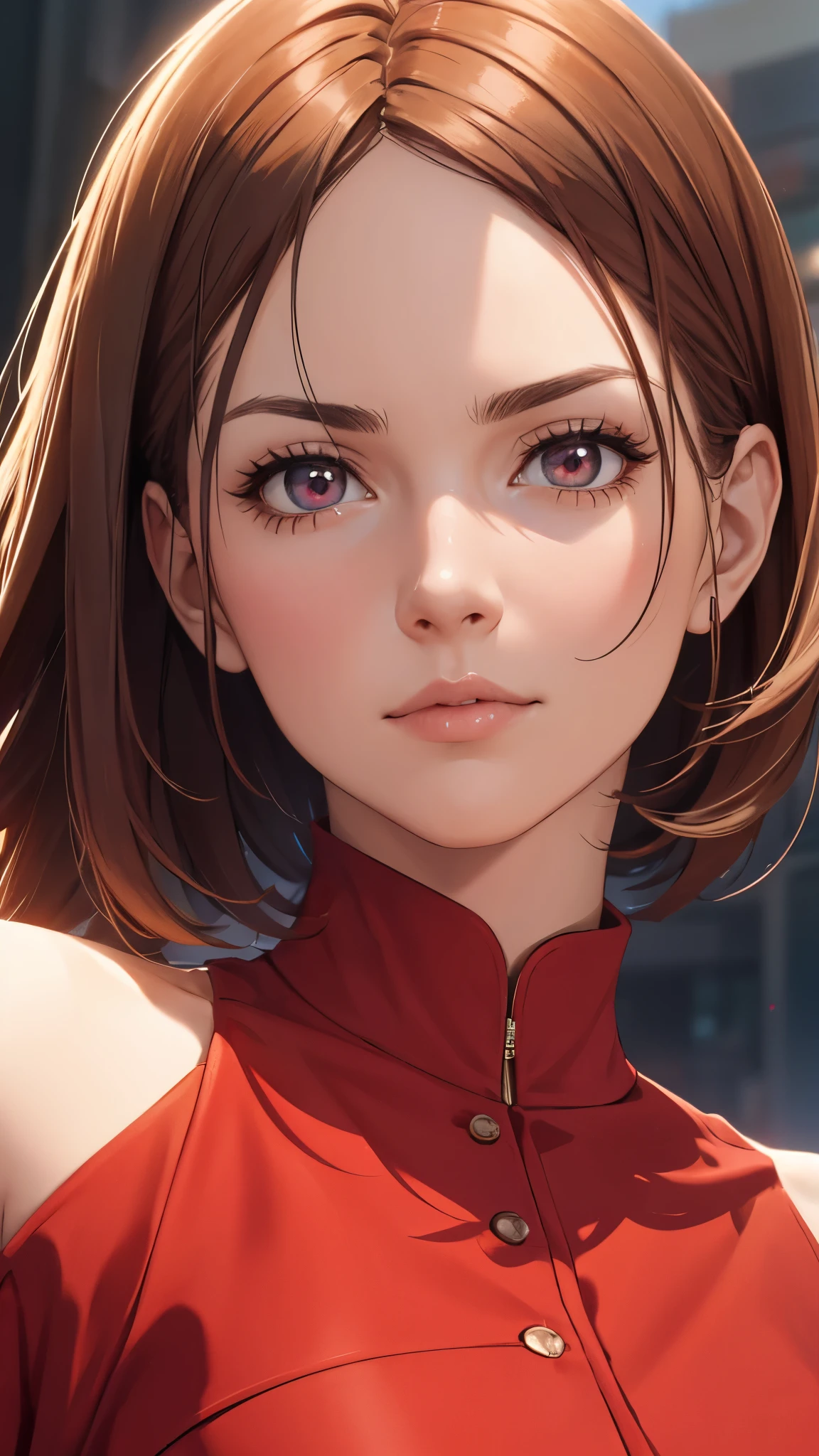 Close-up face, woman 1, upper body, Red dress with high neck, background in a public place,highly detailed CG, unit, 8K wallpapers, highest quality, high resolution, beautiful lighting, realistic shadow,detailed face Highly,detailed eyes Highly,detailed hair Highly