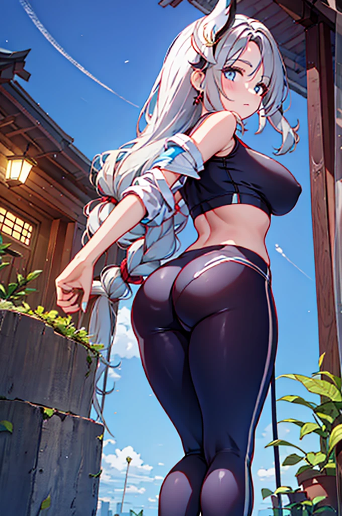 Shenhe, tight pants, sportswear, butt, seductive, thick thighs, night sky view, realistic, best quality, masterpiece, ultra detail, ultra high res, extreme detail