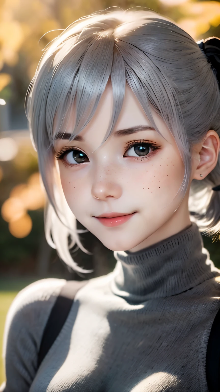 close, portrait, head shot, model shooting style, looking at the viewer,１４talent、 direct eye contact, White-sama, 1 girl, smile, (Ash gray hair), shortcut、Twintails with short hair、Knitted Black Turtleneck,small breasts,freckles, autumn park, Depth of bounds written, blurred background, skin details, fine eyes, Warm volumetric lighting, masterpiece, highest quality ,ultra high resolution、８ｋ    