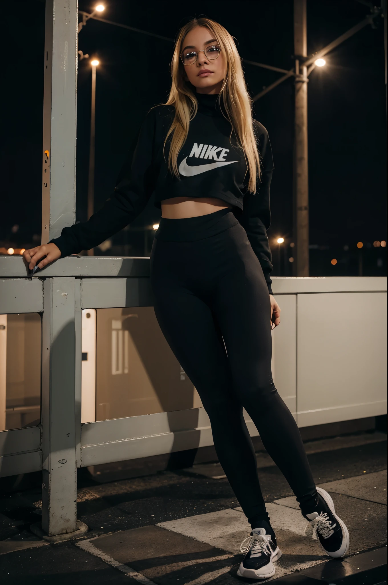 1 woman, clear face, blonde balayage hair, circle glasses, sweatshirt, black seamless leggings, nike socks over leggings, ((socks over leggings/ankles)), converse shoes, night city background, full body portrait, raw photo.