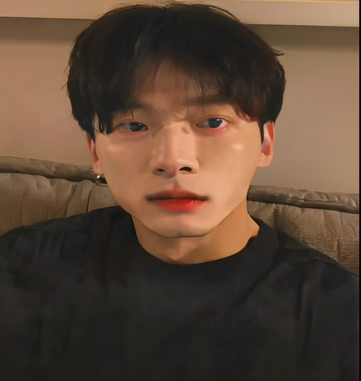 There's a man in a black shirt sitting on a couch, hyung tae, Kim Doyoung, Jungkook, park Jimin, Jimin\the right eyelid is swollen, Jimin\the full lips, taejune kim, Hong junho hyung, Jimin, Jimin\o nariz grego, Shin Jeongho, Jung Jaehyun, profile picture with headshot, hyung tae kim