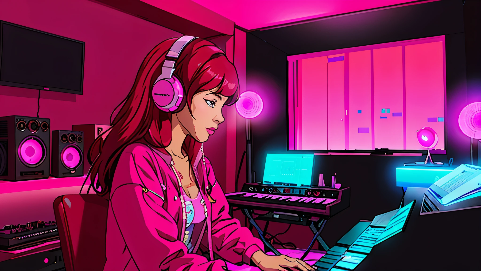arafed woman in headphones playing a keyboard in a recording studio, synthwave image, (synthwave), synth feel, belle delphine, lofi girl, inspired by Ayami Kojima, 2d artstyle, synthwave style, synthwave, anime. soft lighting, anime style. 8k, pink studio lighting, inspired by Taiyō Matsumoto