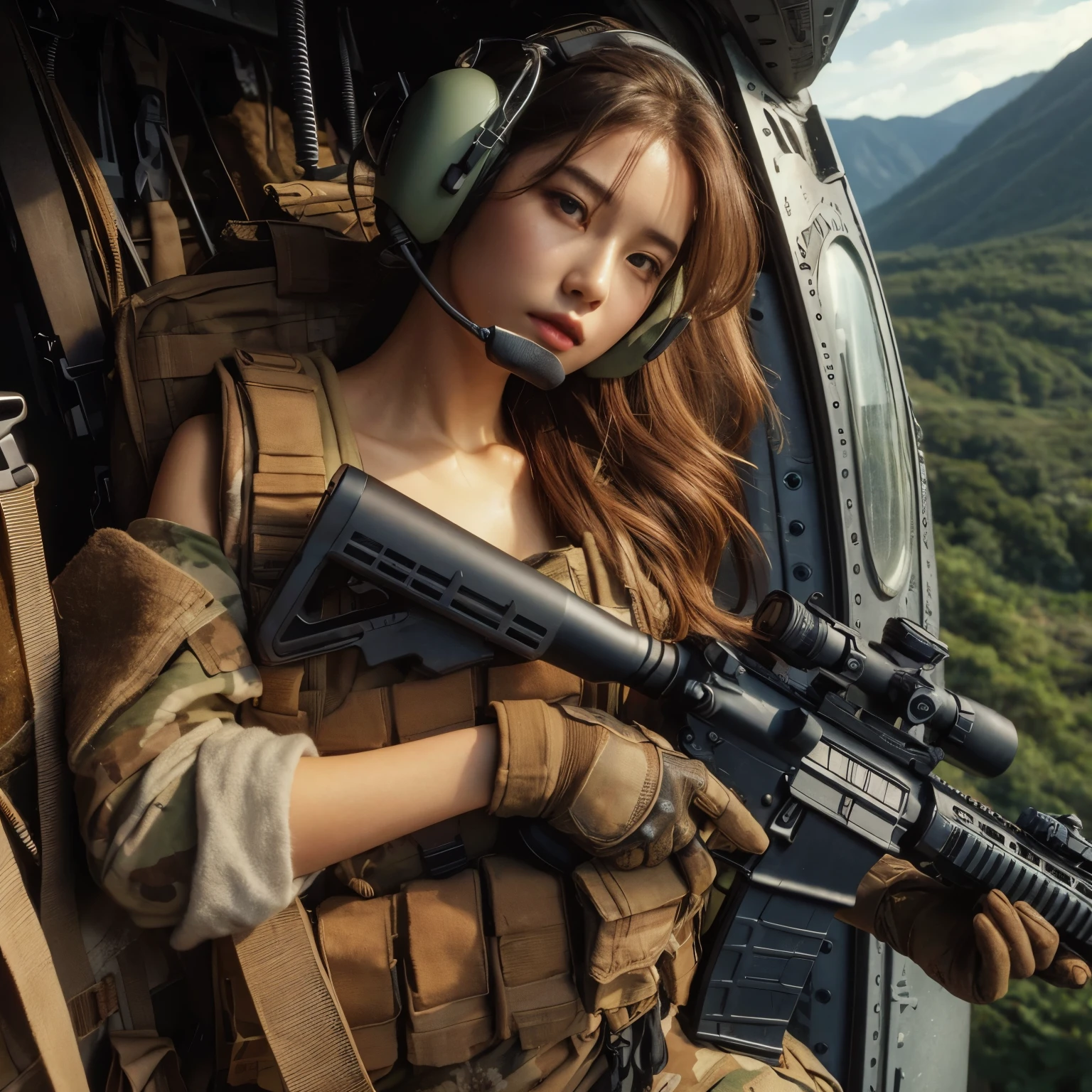 photorealistic、realistic skin texture、automatic rifle、