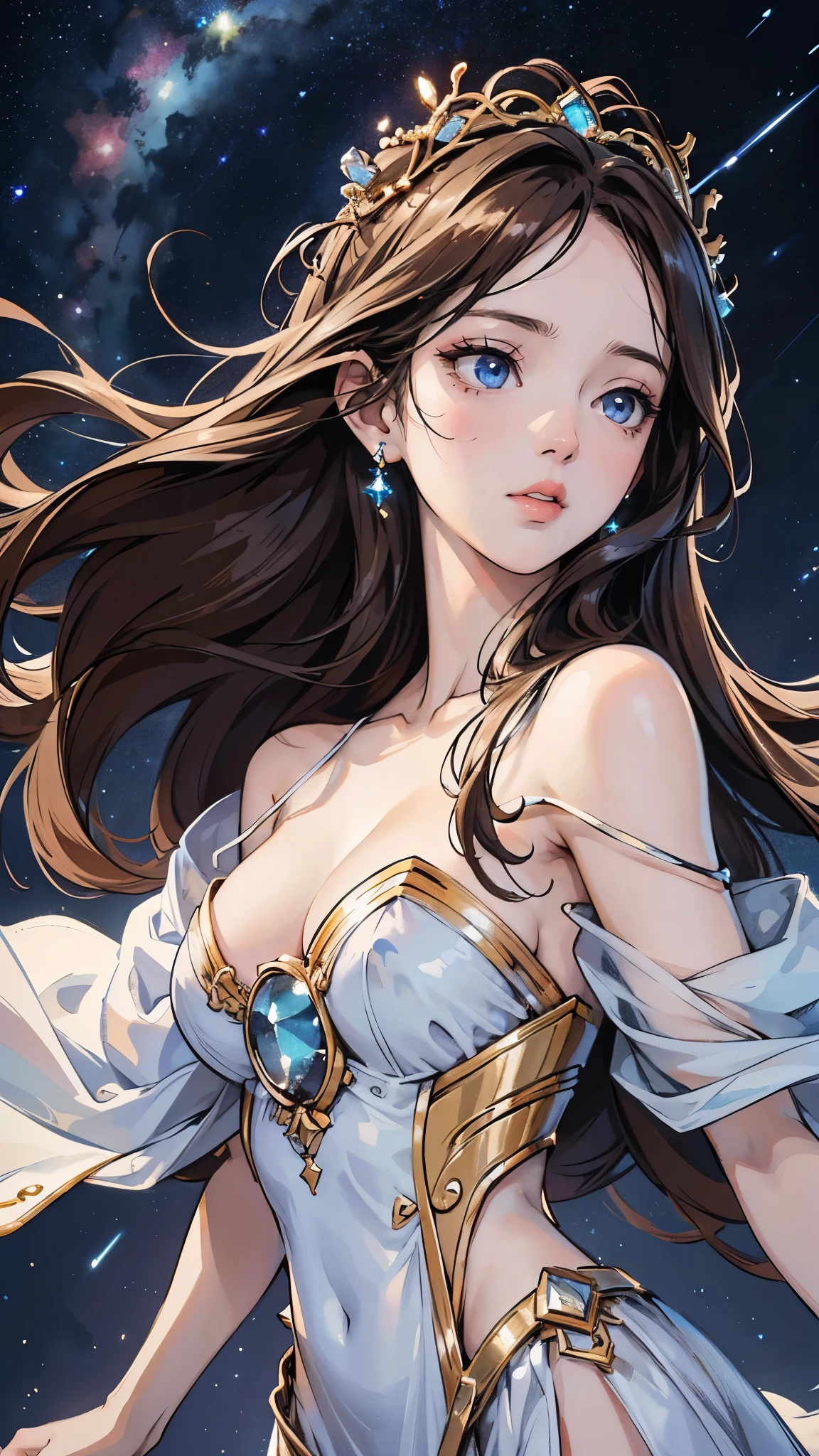 (best quality,4k,8k,highres,masterpiece:1.2), ultra-detailed, (realistic,photorealistic,photo-realistic:1.37), girl, floating in space, galaxy, Hera, Greek mythology, naked, close-up, beautiful detailed eyes, beautiful detailed lips, extremely detailed eyes and face, long eyelashes, floating hair, wavy brown hair, view from side, ethereal, mysterious, celestial, cosmic, tranquil, peaceful, dreamlike, starry background, soft lighting, soothing colors, goddess-like, graceful, serene presence