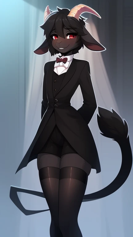 Best quality, Super detailed illustration, (1 boy:1.2), (goat:1.4), (matte black fur color:1.4), feminine face and body, disheveled thick hair, elegant outfit with bow tie, tailcoat, short shorts, tight stockings, shy smile, Femboy, small waist, wide hips, Slim, perfect body, long demon tail