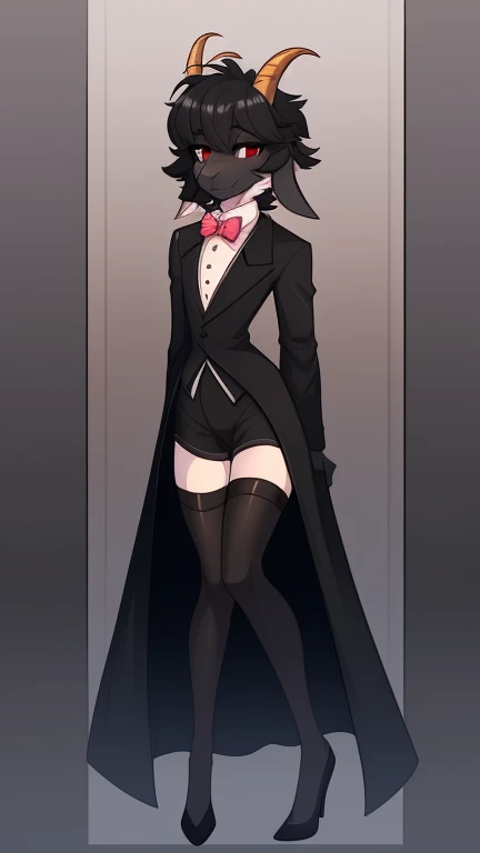 Best quality, Super detailed illustration, (1 boy:1.2), (goat:1.4), (matte black fur color:1.4), feminine face and body, disheveled thick hair, elegant outfit with bow tie, tailcoat, short shorts, tight stockings, shy smile, Femboy, small waist, wide hips, Slim, perfect body, long demon tail