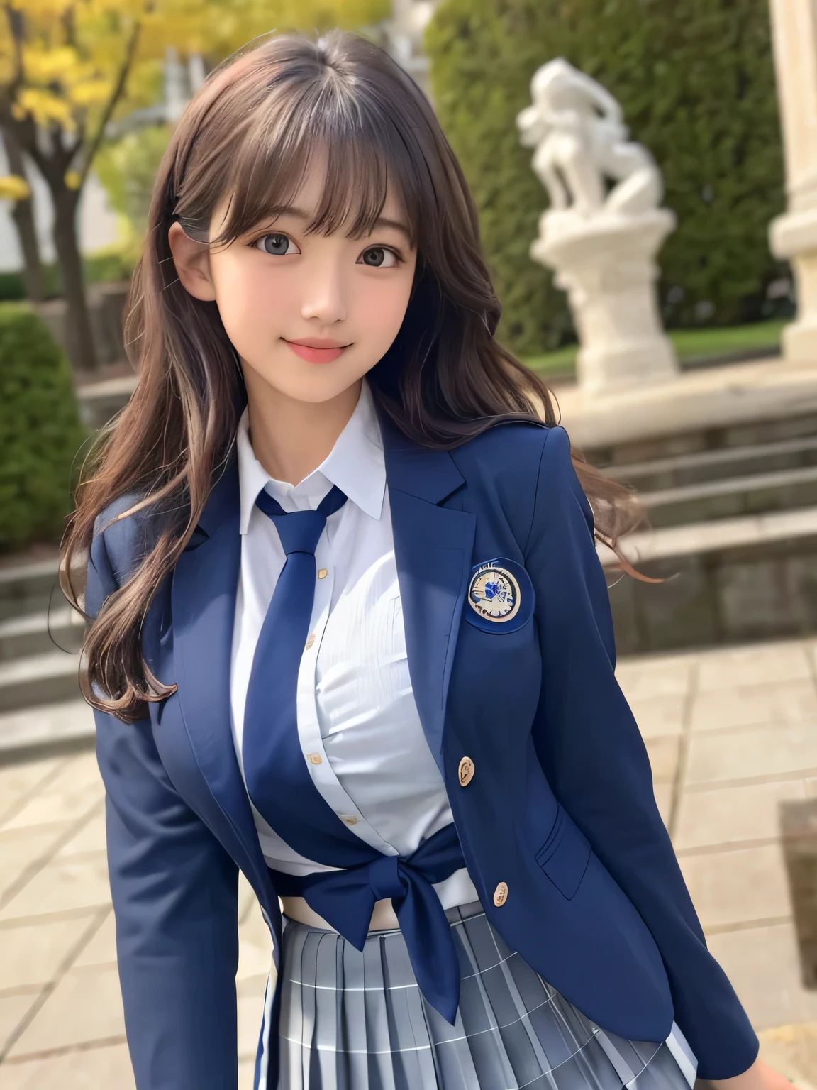 8K, highest quality, real image, intricate details, Super detailed, ultra high resolution, depth field,(realistic,realistic:1.2),table top , frontal shot , From the middle , 1 girl, eye_Chan, very beautiful 17 year old girl, innocent big eyes,、beautiful breasts:1.5、非常に詳細なeye:1.2)、(beautiful breasts:1.1)、wavy hair、curly hair、bangs、, perfect skin, Fair skin, huge breasts, put your hand on your chest、tight waist, light blush, alone, looking at the viewer, light smile, ((School_uniform),(dark blue blazer), (white shirt、Wearing a tie), (gray pleated skirt), (sculpture installation :1.1)