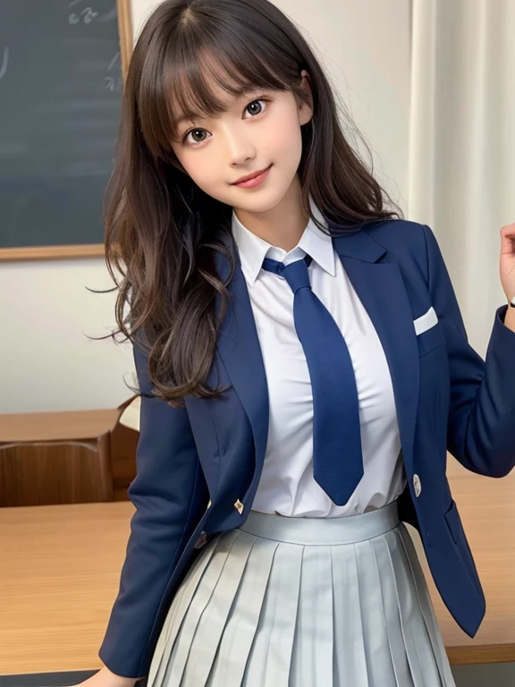 8K, highest quality, real image, intricate details, super detailed, Super high resolution, depth field,(realistic,realistic:1.2),table top , Frontal shot , From the middle , 1 girl, Eye_Chan, very beautiful 17 year old girl, innocent big eyes,、beautiful breasts:1.5、highly detailed eyes:1.2)、(beautiful breasts:1.1)、wavy hair、curly hair、bangs、, perfect skin, Fair skin, huge breasts, Hands on the chest、tight waist, light blush, alone, looking at the viewer, light smile, ((School_uniform),(dark blue blazer), (white shirt、Wearing a tie), (gray pleated skirt), (sculpture installation :1.1)