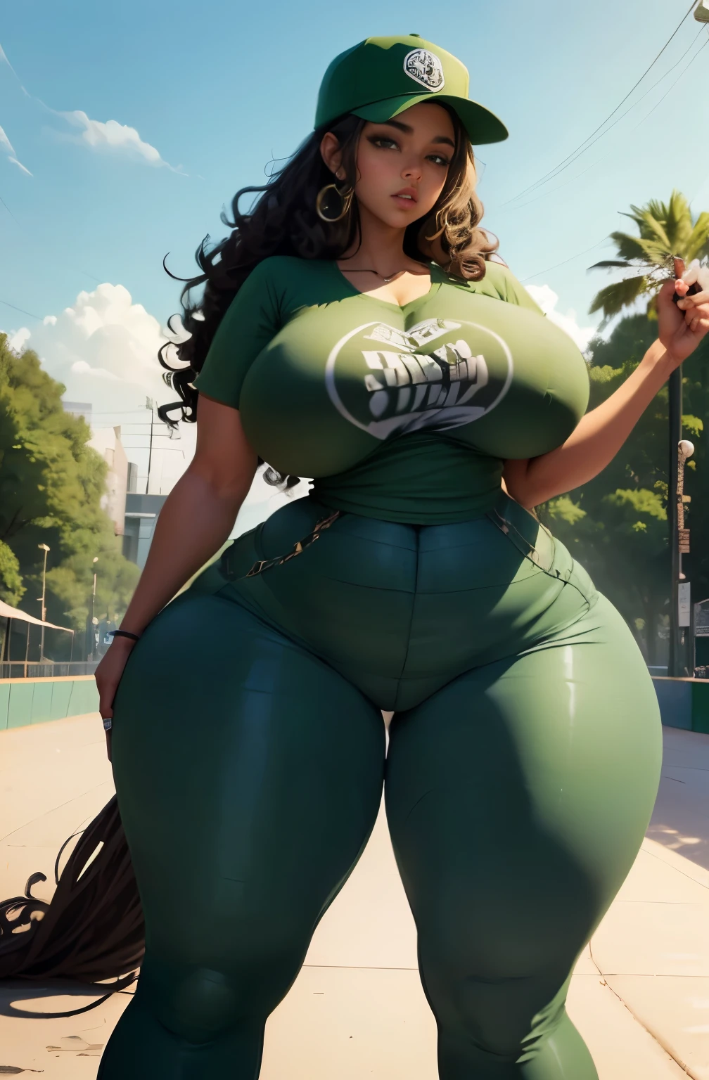 Beautiful tall Mother, she is wearing a green t-shirt, backwards cap, and skater girl jeans, she has long curly brown hair, she is ((((extremely curvy)))) in all right places, (((gigantic breasts)))), very wide hips, ((giant thighs)), plus size model, in skatepark, ((((very long legs)))), riding skateboard