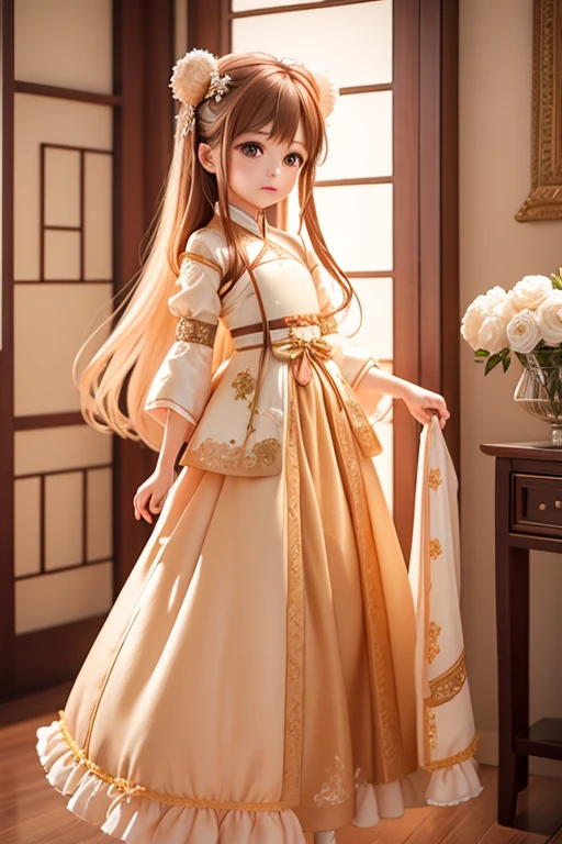 with a girl, Little、amber, , medium pastel silk、brown white dress, luxury fabric、hanfu dress