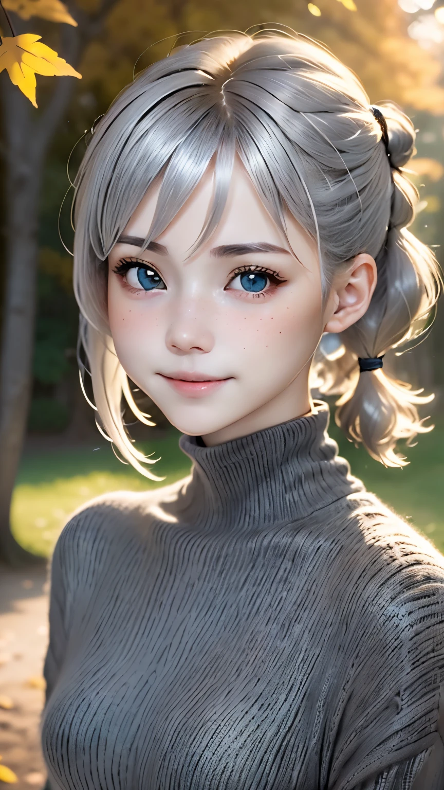 close, portrait, head shot, model shooting style, looking at the viewer,１４talent、 direct eye contact, White-sama, 1 girl, smile, (Ash gray hair), shortcut、Twintails with short hair、Knitted Black Turtleneck,small breasts,freckles, autumn park, Depth of bounds written, blurred background, skin details, fine eyes, Warm volumetric lighting, masterpiece, highest quality ,ultra high resolution、８ｋ    