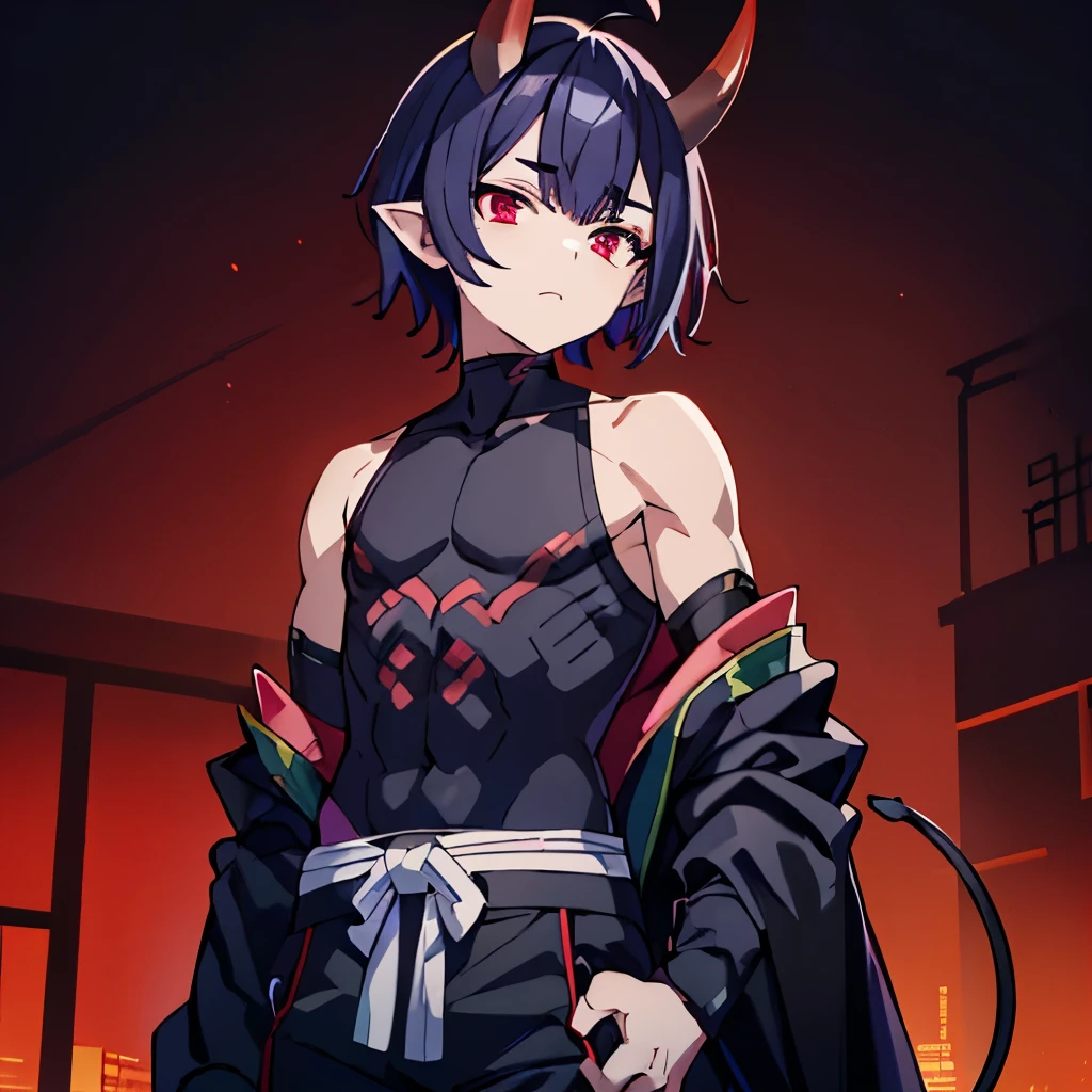 1boy((best quality)), ((masterpiece)), (detailed), perfect face1 boy;((best quality)), ((masterpiece)), (detailed), perfect face;shuten doji style; pretty face ; pretty boy, demon horns protruding out of forehead; black hair; lean physique; wearing tight sleevles shirt e; standing in front of viewer ; black medium hair,male ; make him a male with a male chest, full body shot, wearing pants, wearing tight sleevless tank top ,sfw, small lean body, tight fitting clothe, red and black color scheme, small body , petit body , pointy ears