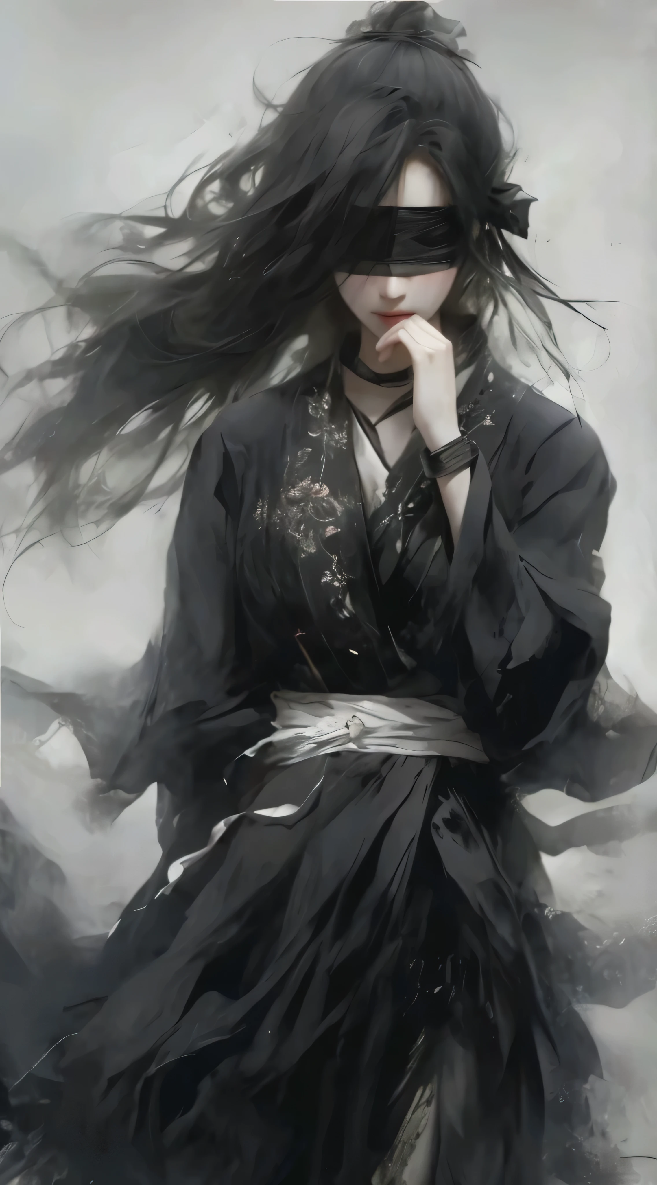 Draw a woman with long black hair and a blind man, Yang Jian, beautiful figure painting, Guwitz style artwork, Guwitz, Guwiz from Pixiv art website, Guwitz in art station pixiv, flowing hair and gown, Li Song, Tang Yifen, dark fantasy art, Zeng Jing, eyes closed