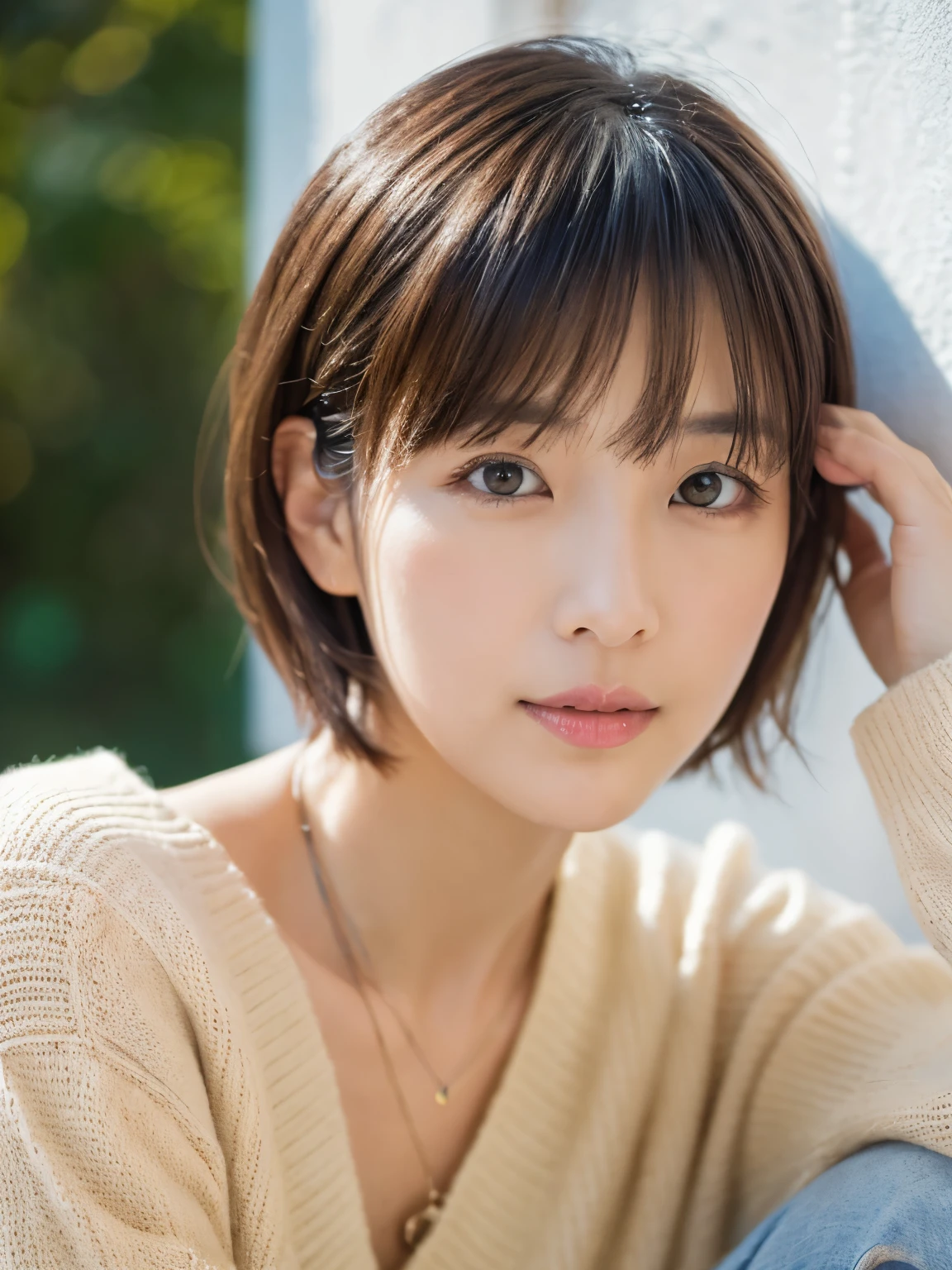 ((masutepiece,top-quality)), (photographrealistic:1.4),((masutepiece,8K))、white wall、(white room)、((full body photo))、shot in natural light、Highly detailed face and skin texture、highly detailed lips、correct state of the human body、Super high resolution、(Photoreal:1.4)、top quality, 1 beautiful woman, 38 years old, s, 150mm lens、Light yellow Knit、(Dark brown medium shorthair)、Japanese woman、(dark brown hair)、Versatile poses、looking at the camera、natural color lip、Winter clothes、 necklace、屋内