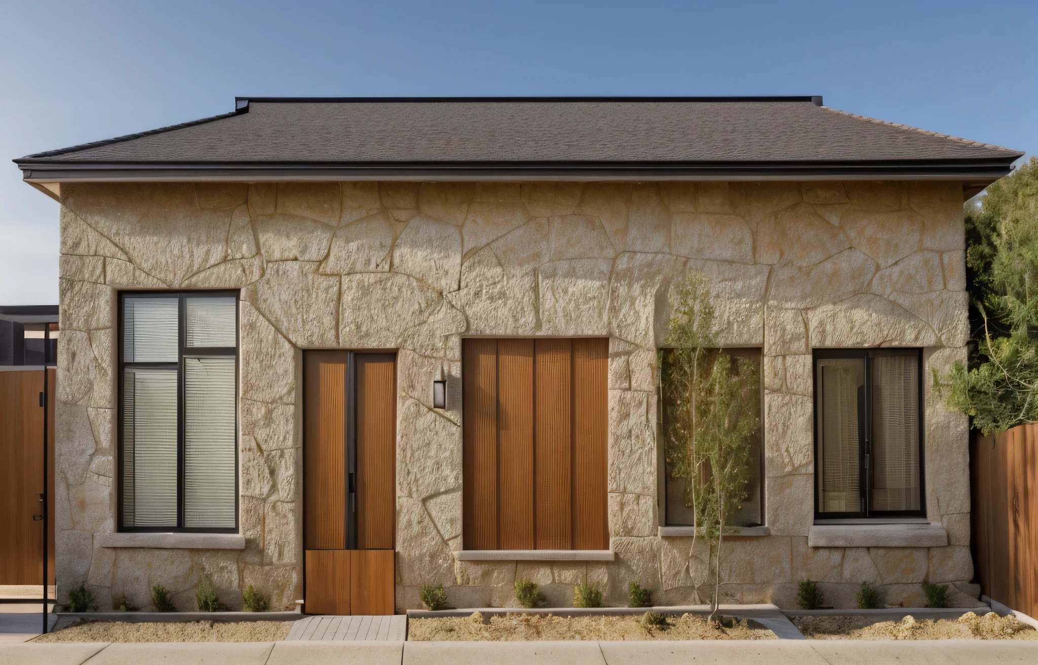 Realistic images, extremely detailed, a modern house,(((1 road in font of house))), large yard made by ceramic, (1 car), brick fence, lawn, a few small flowers, a road in front of the house, main materials of the house are white walls and red brick, Modern design, clear blue sky, sunrise light, light from inside, dynamic light,shimering light, cinematic light, romantic feeling, (((day light, warm light)))