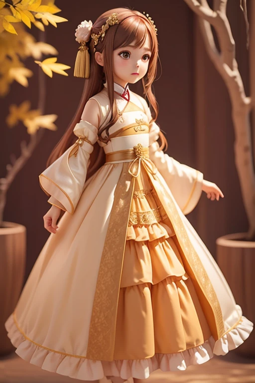 with a girl, Little、amber, , medium pastel silk、brown white dress, luxury fabric、hanfu dress